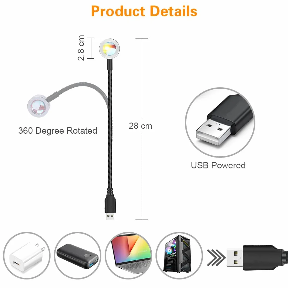 OSDUE Lampa o zachodzie słońca,tęczowy projektor, USB lampa nocna na podłogę z romantyczną atmosferą do fotografii, baru, sklepu, na ślub, urodziny i imprezę