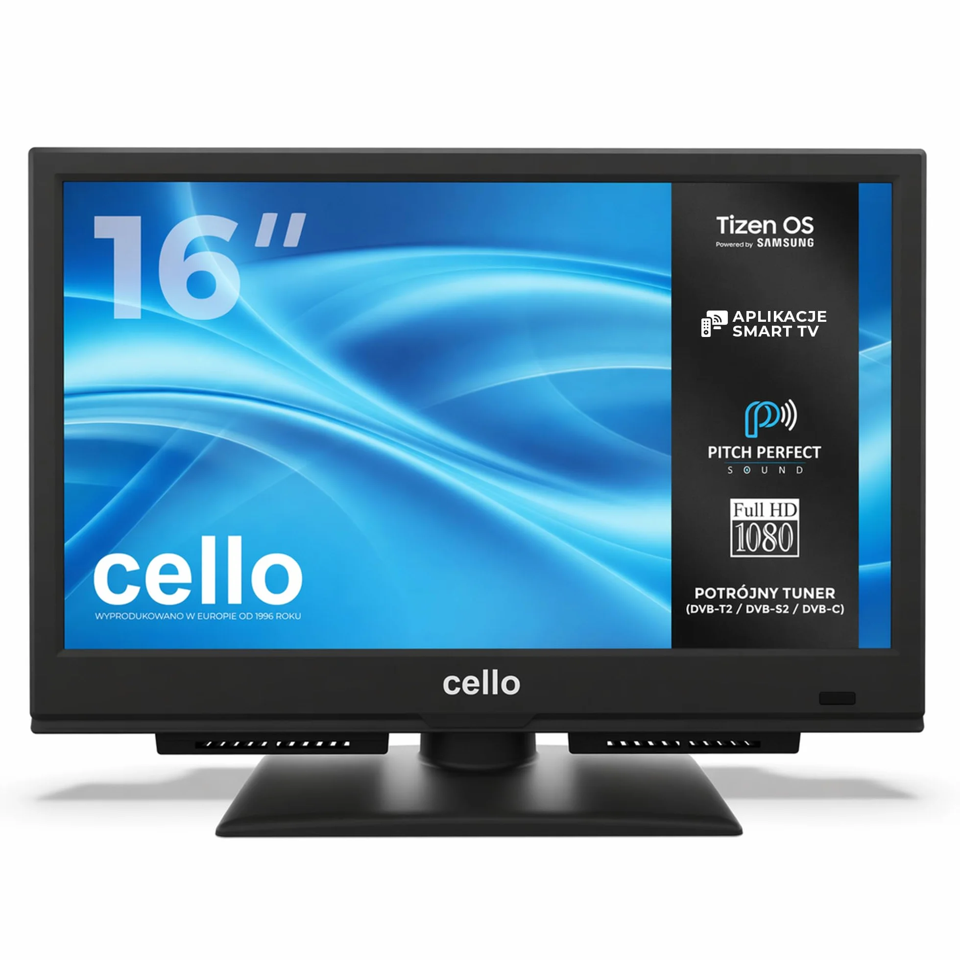 Cello C1626TZH 16" Smart TV z Tizen OS, Cloud gaming, Bluetooth, dźwięk "Pitch Perfect", idealny do kuchni, mieszkań i kompaktowych pomieszczeń, zasilanie sieciowe, potrójny tuner