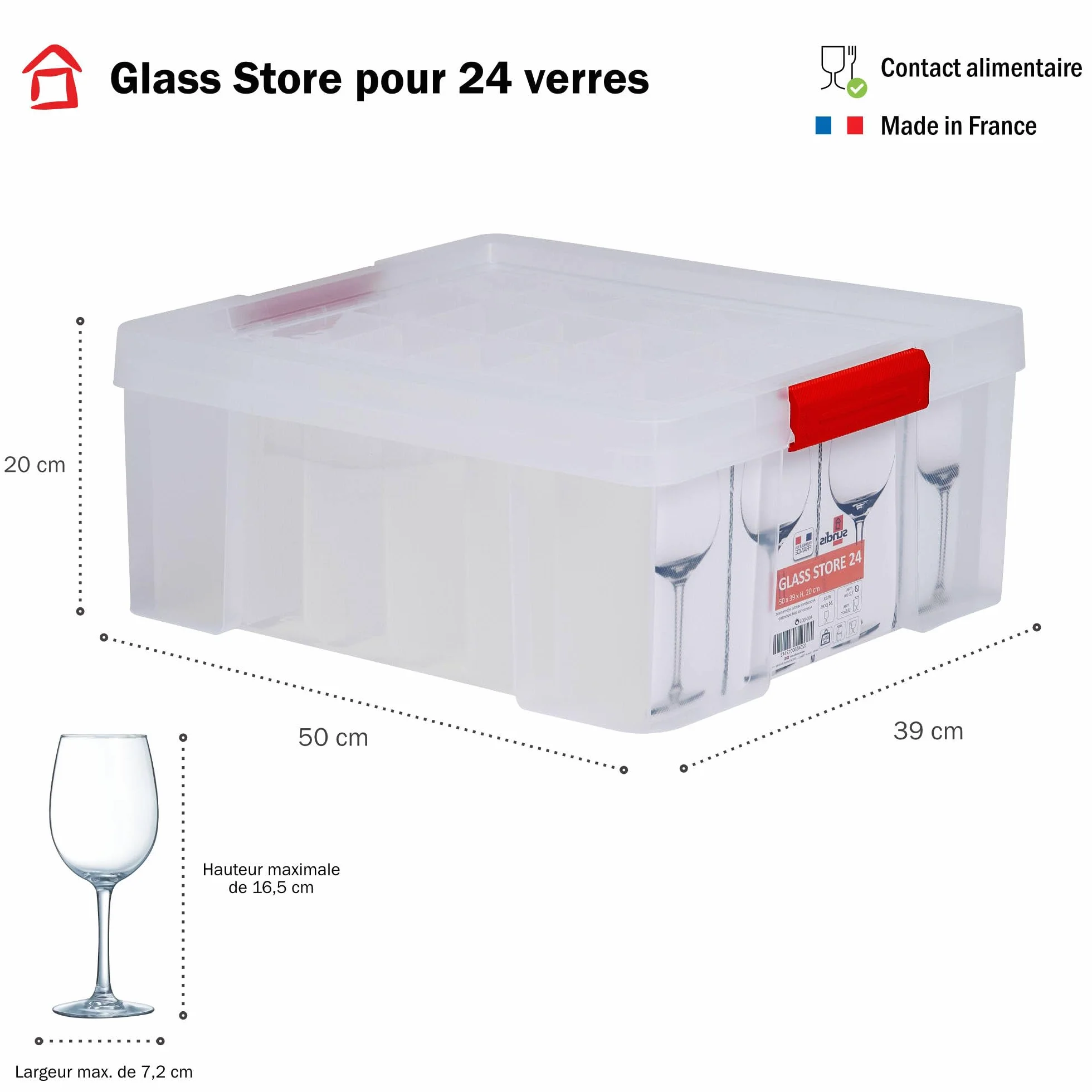 SUNDIS Glass Store pudełko do przechowywania 27l 24 przegródki kieliszków z pokrywką przezroczyste sztaplowania