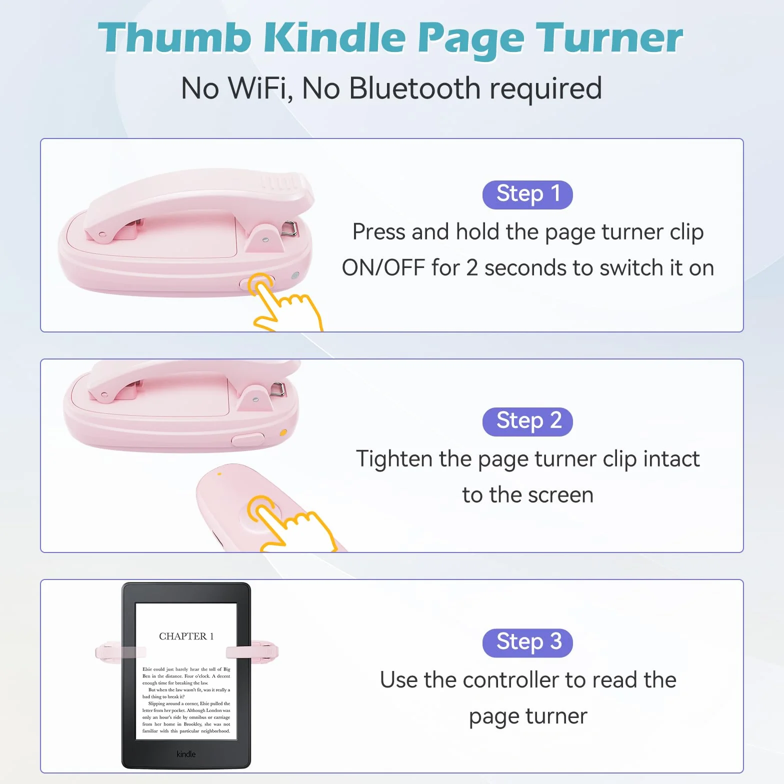 Zdalne sterowanie RF, przewracacz stron do Kindle z ładowaniem USB-C, klips A i B, wskaźnik LED, odporny na odciski palców, długi czas czuwania dla czytników e-booków — łatwa obsługa jedną ręką różowy