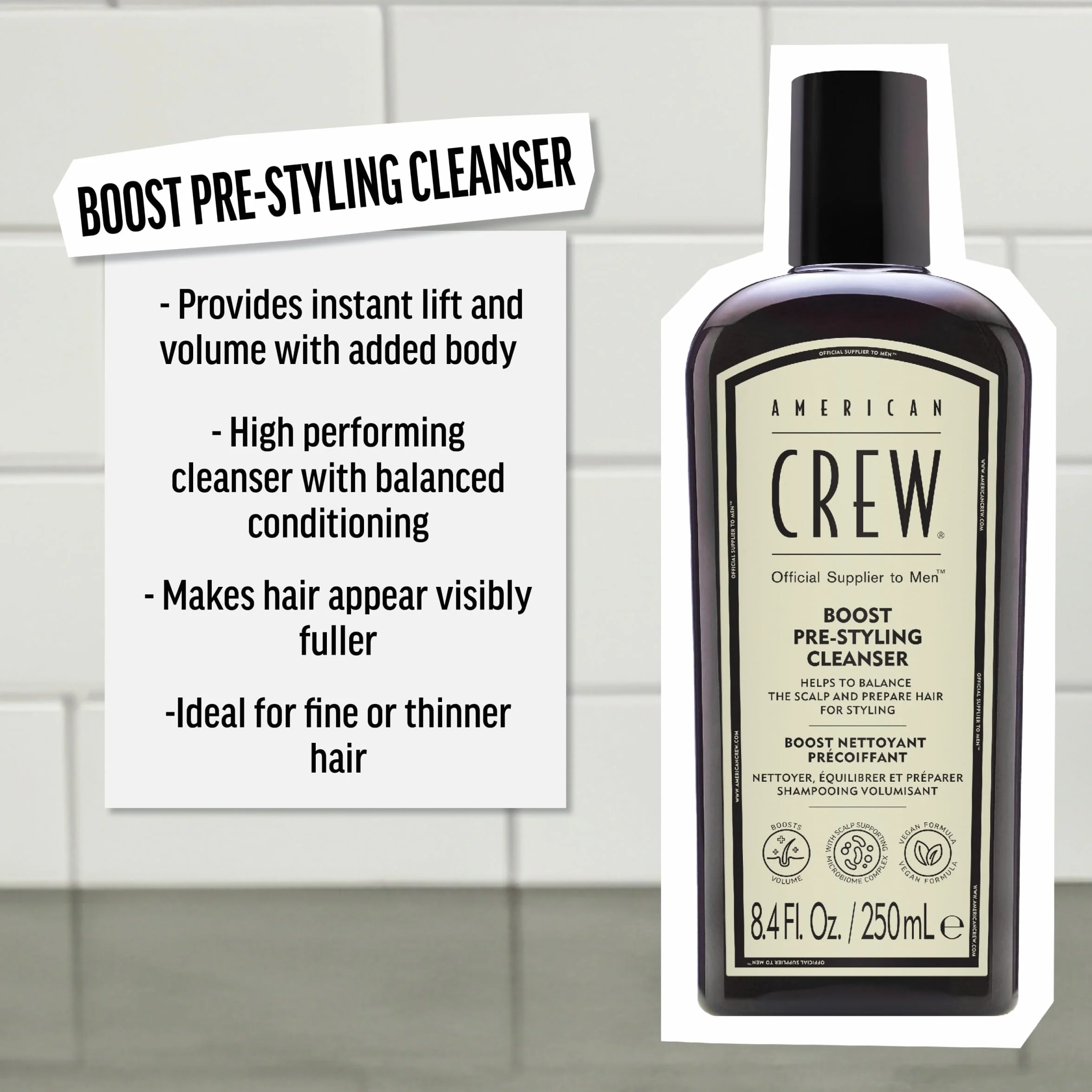 American Crew Boost Pre-Styling Shampoo - Zwiększający objętość produktu do stylizacji dla mężczyzn - Wegański szampon dla mężczyzn z cienkimi lub płaskimi włosami - 250ML