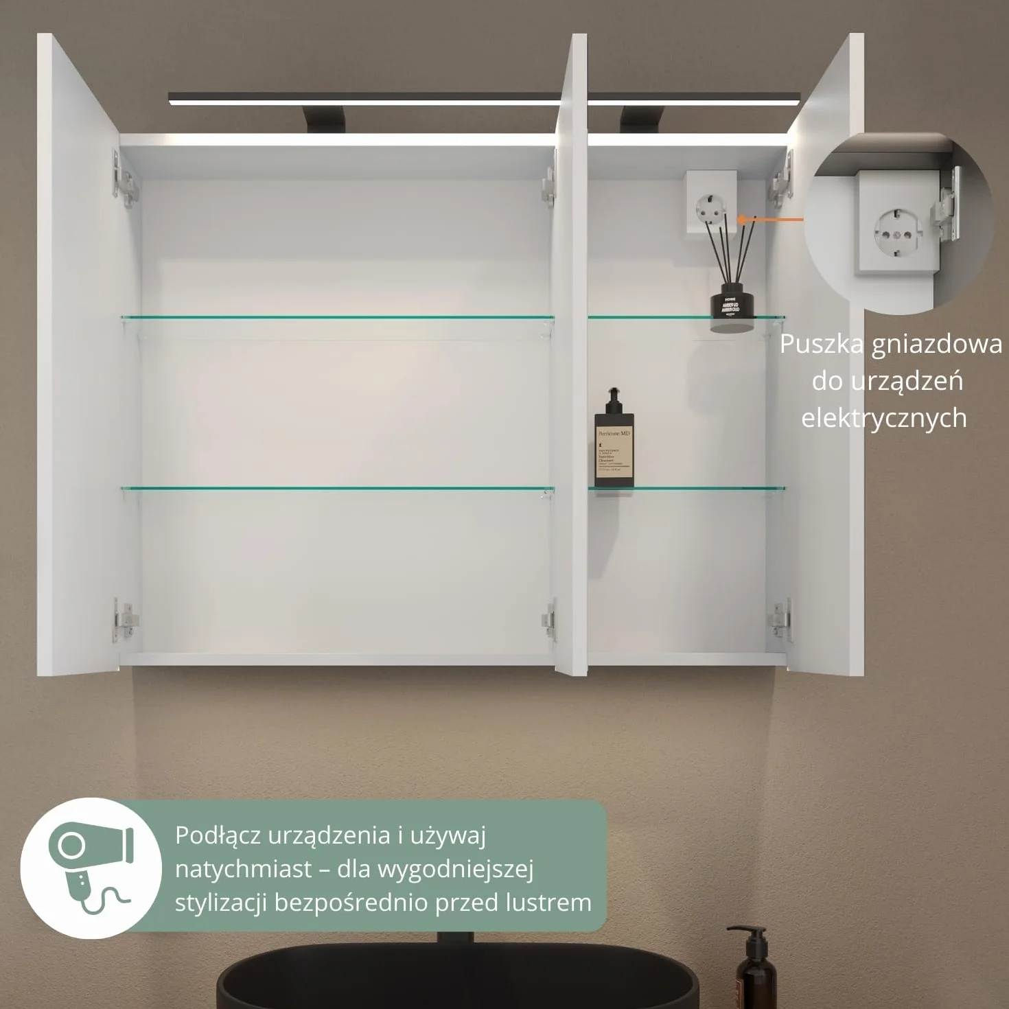 Planetmöbel ARIA Szafka z lustrem i oświetleniem 100 x 70 x 16 cm wisząca szafka łazienkowa Biało szara z gniazdkiem elektrycznym