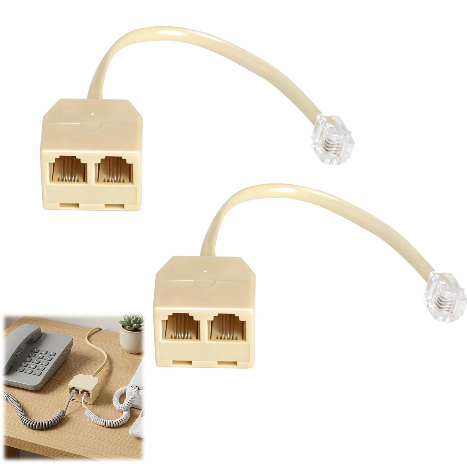 HENGBIRD 2 sztuki rozdzielacz do telefonu RJ11 na 2, adapter do telefonu 6P4C, wtyczka RJ11 na 2 gniazda RJ11, rozdzielacz kabla telefonicznego do telefonu i faksu, beżowy