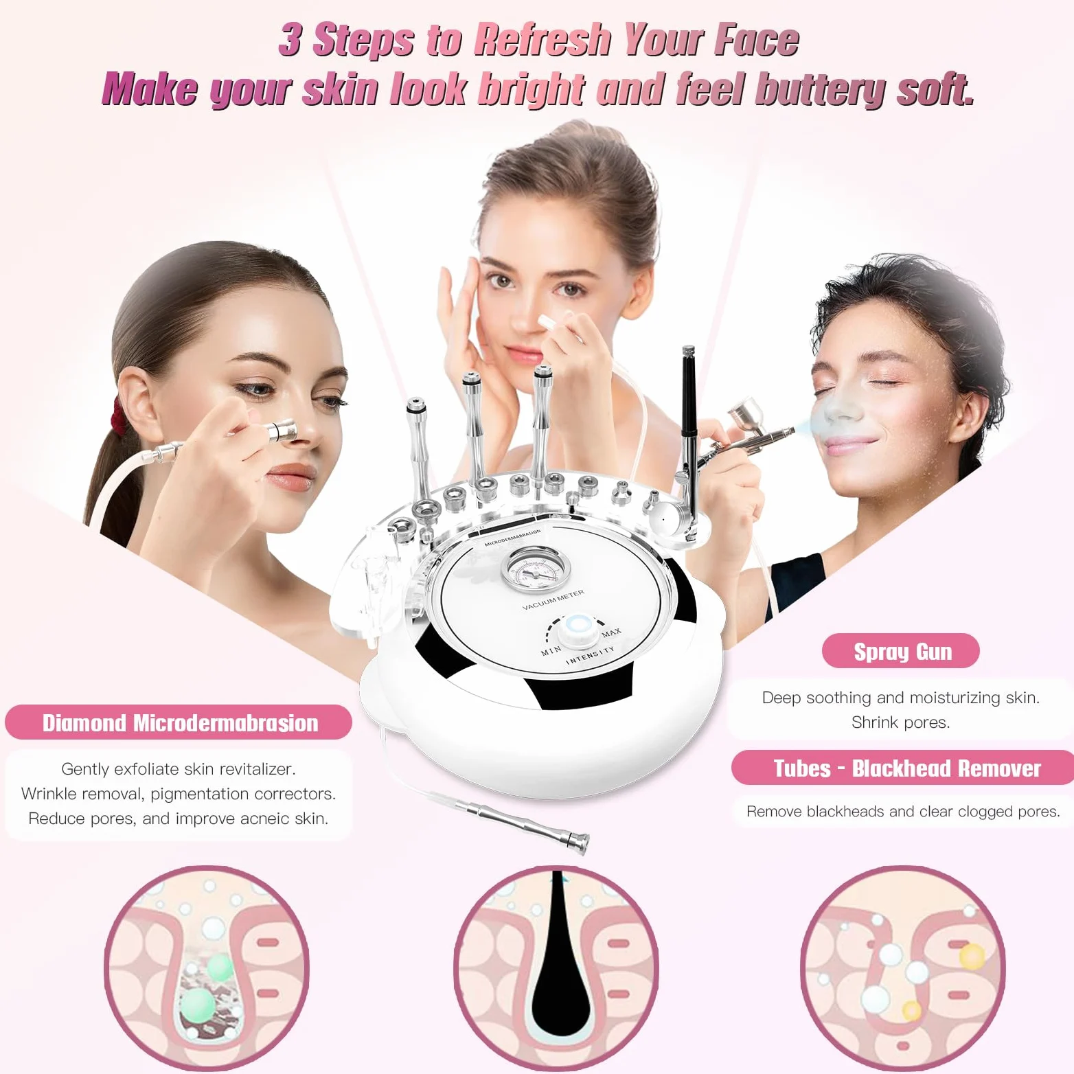 Profesjonalne urządzenie do dermabrazji, 3 w 1 Urządzenie do mikrodermabrazji diamentowej mikrodermabrazja, peeling twarzy, profesjonalny sprzęt kosmetyczny do użytku domowego