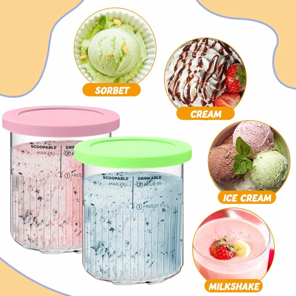 Pojemnik na lód Ninja Creami Deluxe NC501 NC500, 4-częściowy zestaw pojemników na lody spożywcze, wielokrotnego użytku, pojemnik na lód z pokrywką, pojemnik na lody z szufelką do lodów żelowych,