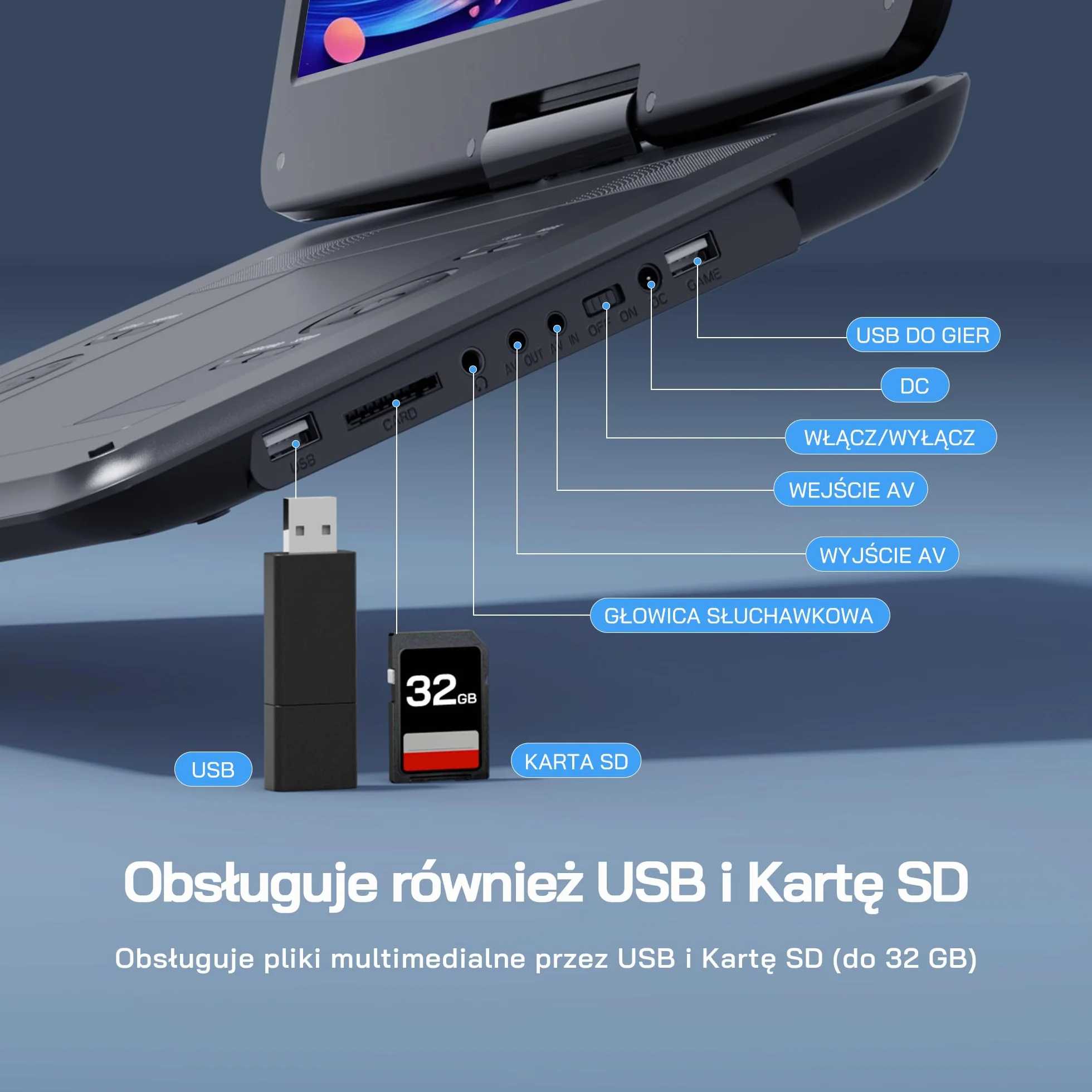 WOLFANG 17,5" Przenośny Odtwarzacz DVD z 15,6" Dużym Wyświetlaczem HD, Akumulatorem 5000mAh, Bez Ograniczeń Regionalnych, Dwoma Głośnikami Stereo, Obsługą USB/SD/Synchronizacji TV/Ekranu Projektora