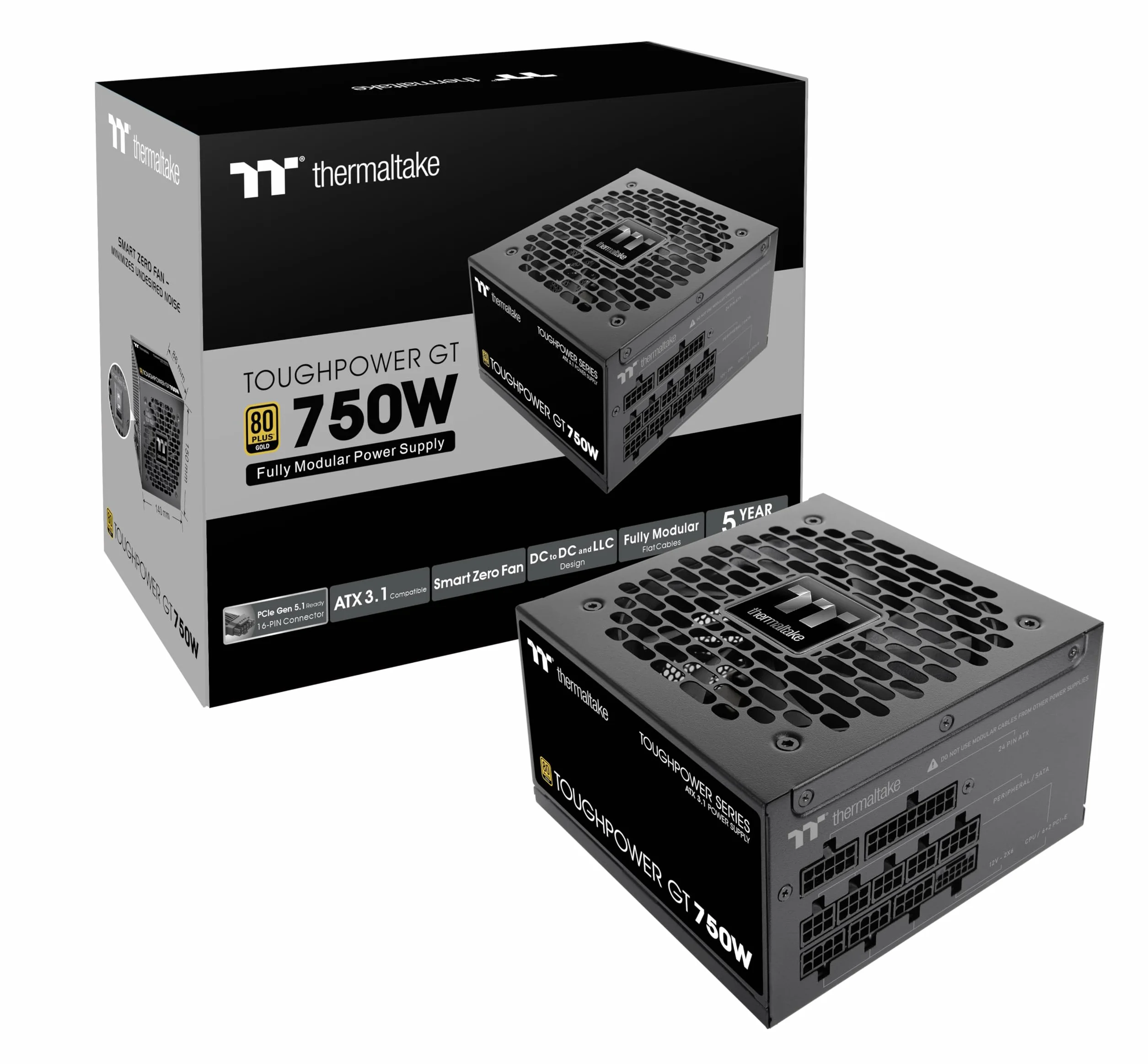 Thermaltake Toughpower GT 750W | ATX 3.1 | PCIe 5.1 12V-2x6-Anschluss | ultraleise Smart-Zero-Funktion | Low Profile Kabel | 80+ GOLD | Modular
