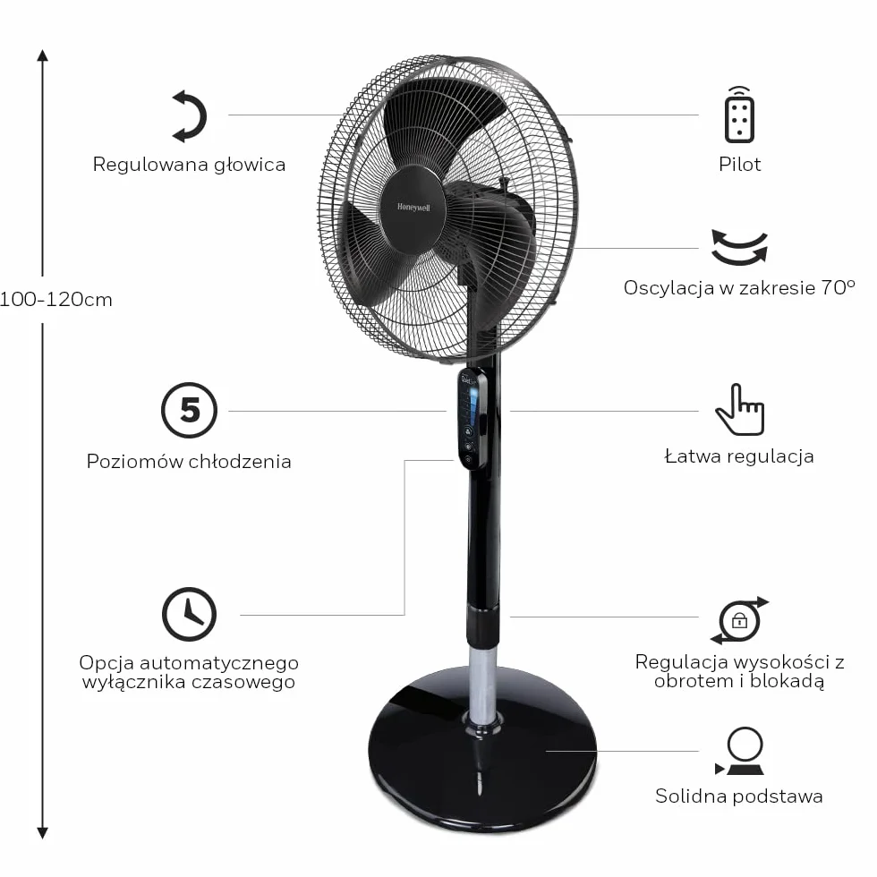 Wentylator stojący Honeywell Advanced QuietSet z funkcją oscylacji (5 poziomów prędkości, programator czasowy, oscylacja w zakresie 70°, regulacja wysokości, sterowanie pilotem, łatwość korzystania) HSF600B