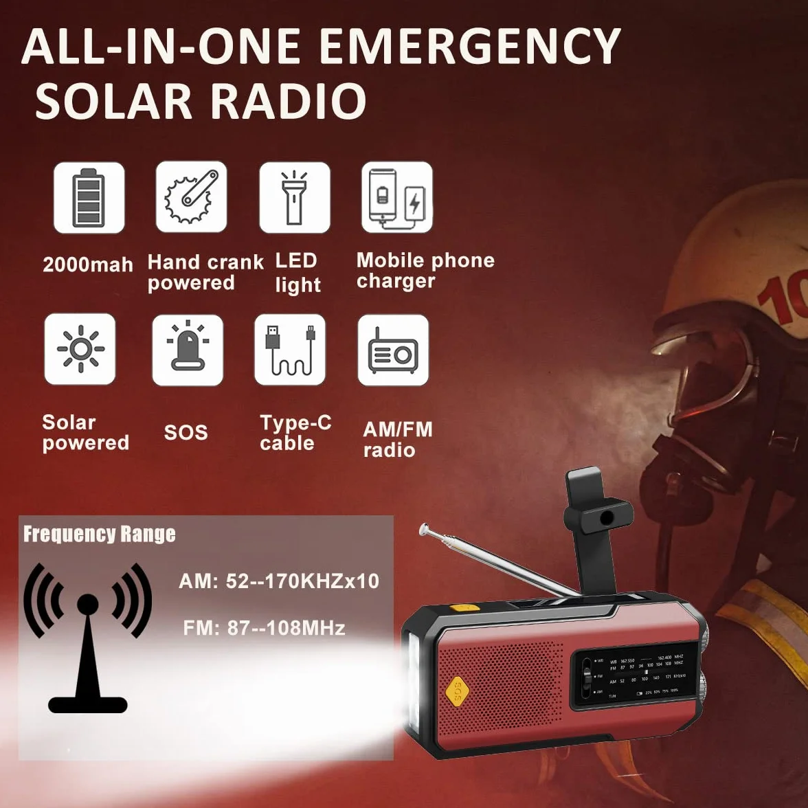 Radio słoneczne pogoda z AM FM NOAA, Przenośny generator energii radia awaryjnego korby 2000mAh, Survival Hurricance Gear 3 Latarka LED, ładowarka do telefonu USB do Camping