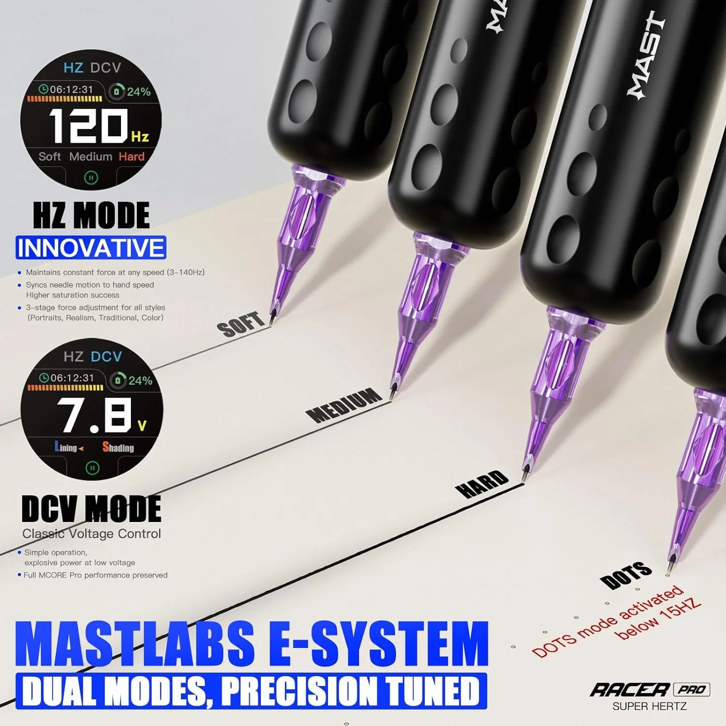Mast Racer Pro Wireless Tattoo Machine Pen 3-140hz Adjust Soft Hard Mode 1520mAh Battery Mcore-Pro Motor Cordless Rotary Tattoo Gun