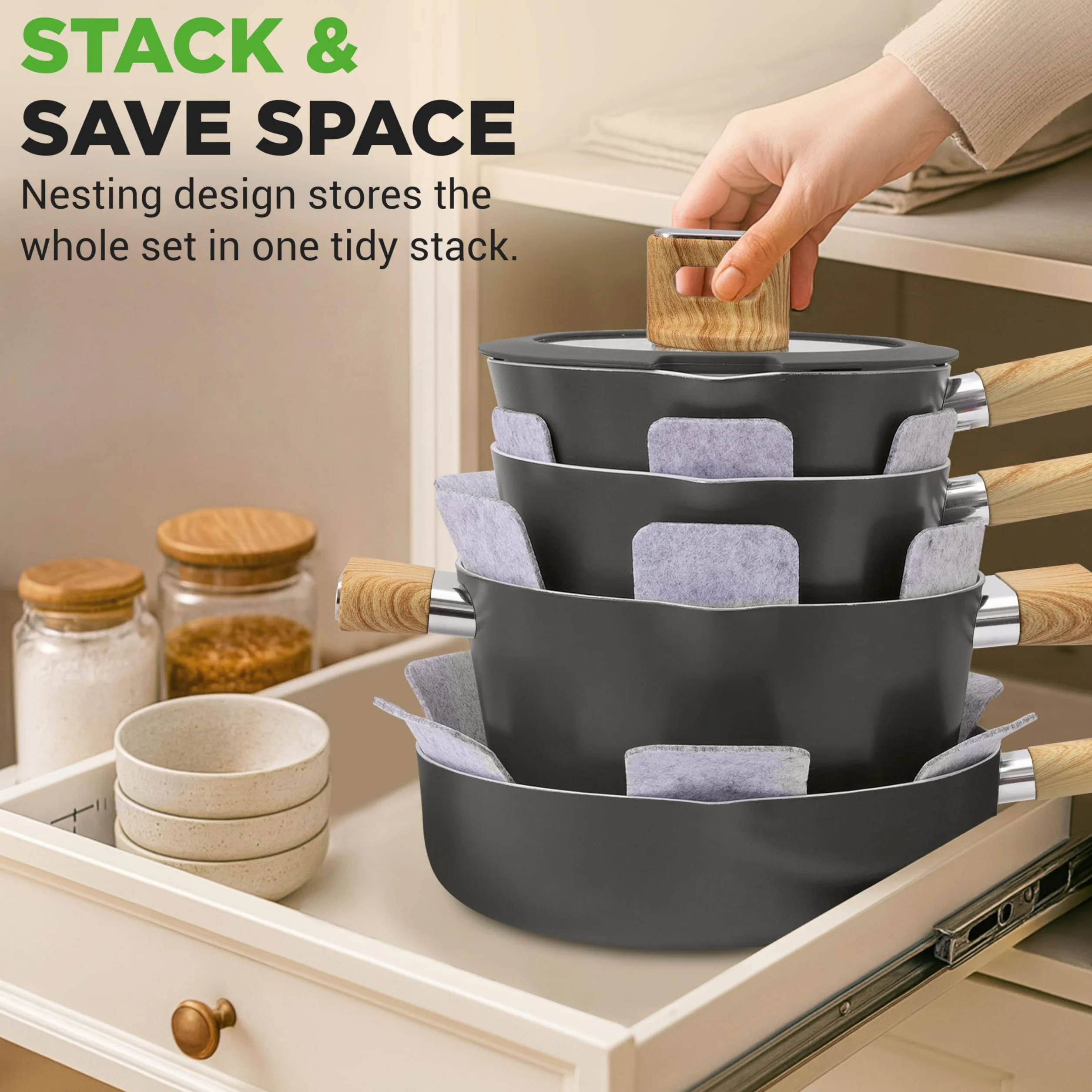 NutriChef Zestaw Naczyń Ceramicznych 14-częściowy - Kompatybilność z Indukcją, Patelnia z Pokrywką, Uchwyty Zimne w Dotyku, Czarne
