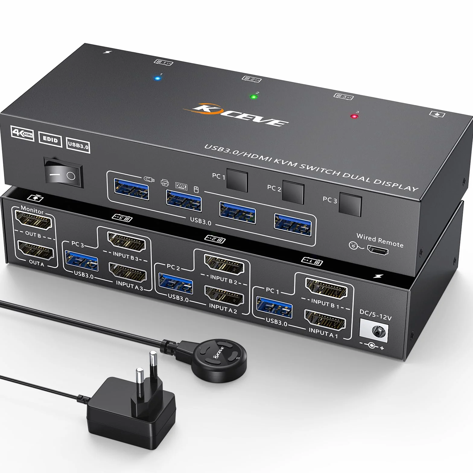 Przełącznik KVM HDMI 2 monitory 3 komputery 4K przy 60 Hz, symulacja EDID, podwójny monitor Przełącznik KVM dla 3 komputerów Udostępnij 2 wyświetlacze i 4 porty USB 3.0, przewodowy pilot i kable