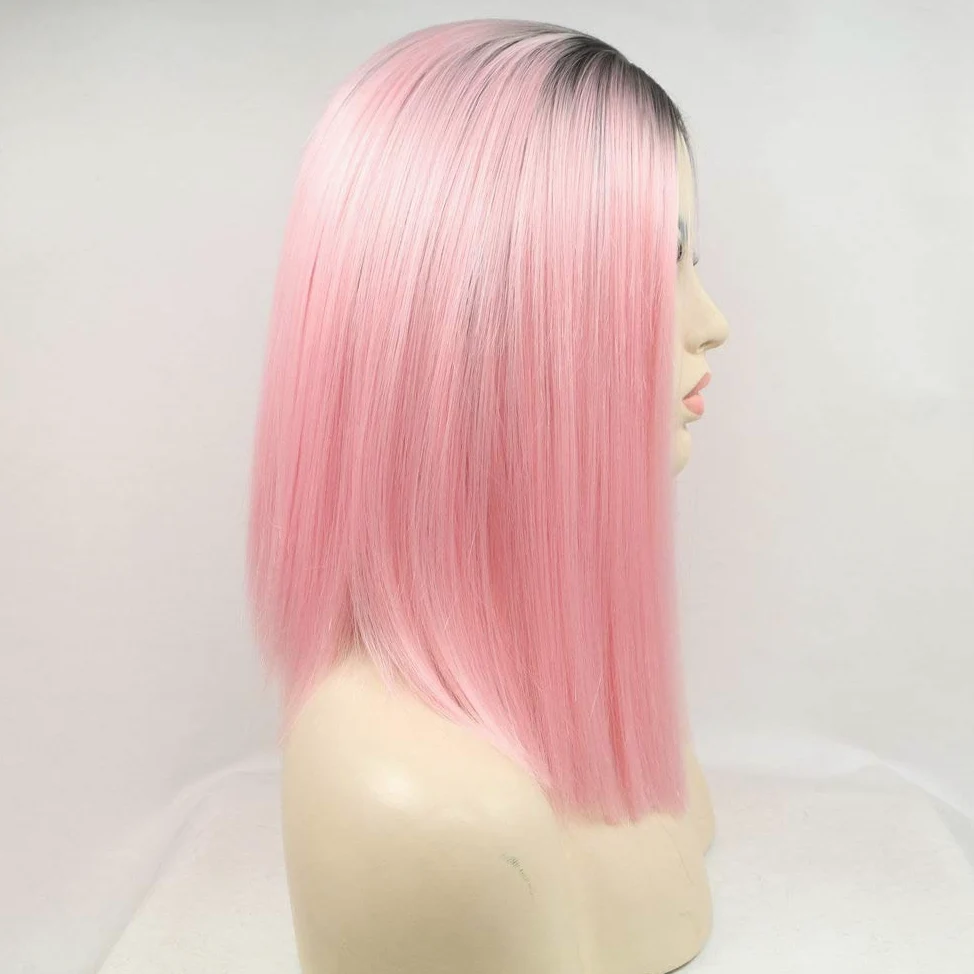 XINGYU Pastelowa różowa peruka ciemne korzenie Drag Queen, przyjazna syntetyczna koronka, peruki dla kobiet, do makijażu, na imprezę, Cosplay, letnie włosy, jasnoróżowe peruki Bob
