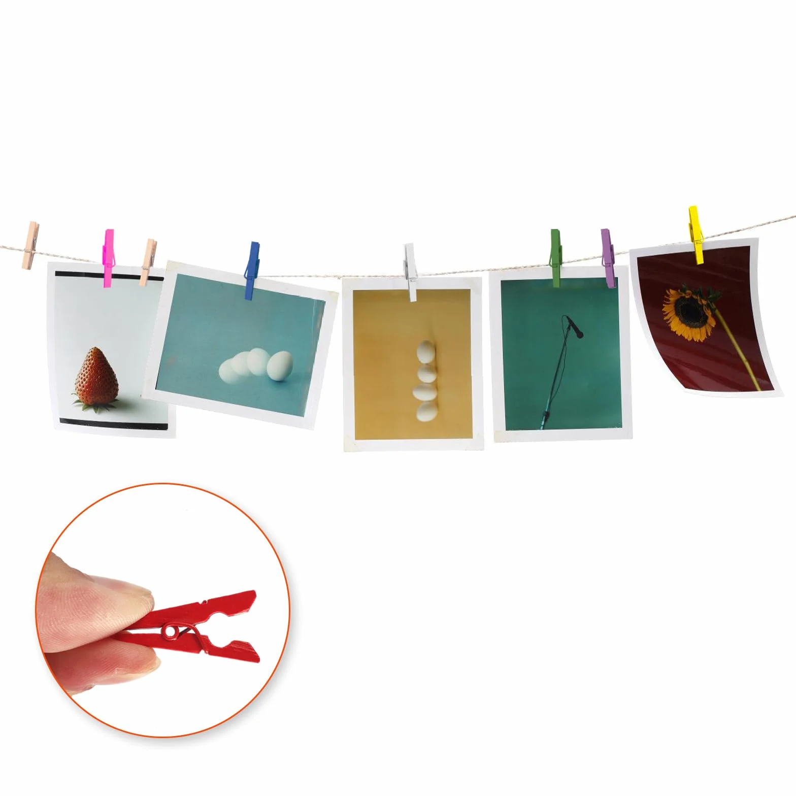 Drewniane klamerki, 120 sztuk, drewniane, 2,5 x 0,3 cm, ze sznurkiem o długości 10 m, małe klamerki do zawieszenia zdjęć i kartek pocztowych oraz wszelkiego rodzaju dekoracji imprezowych