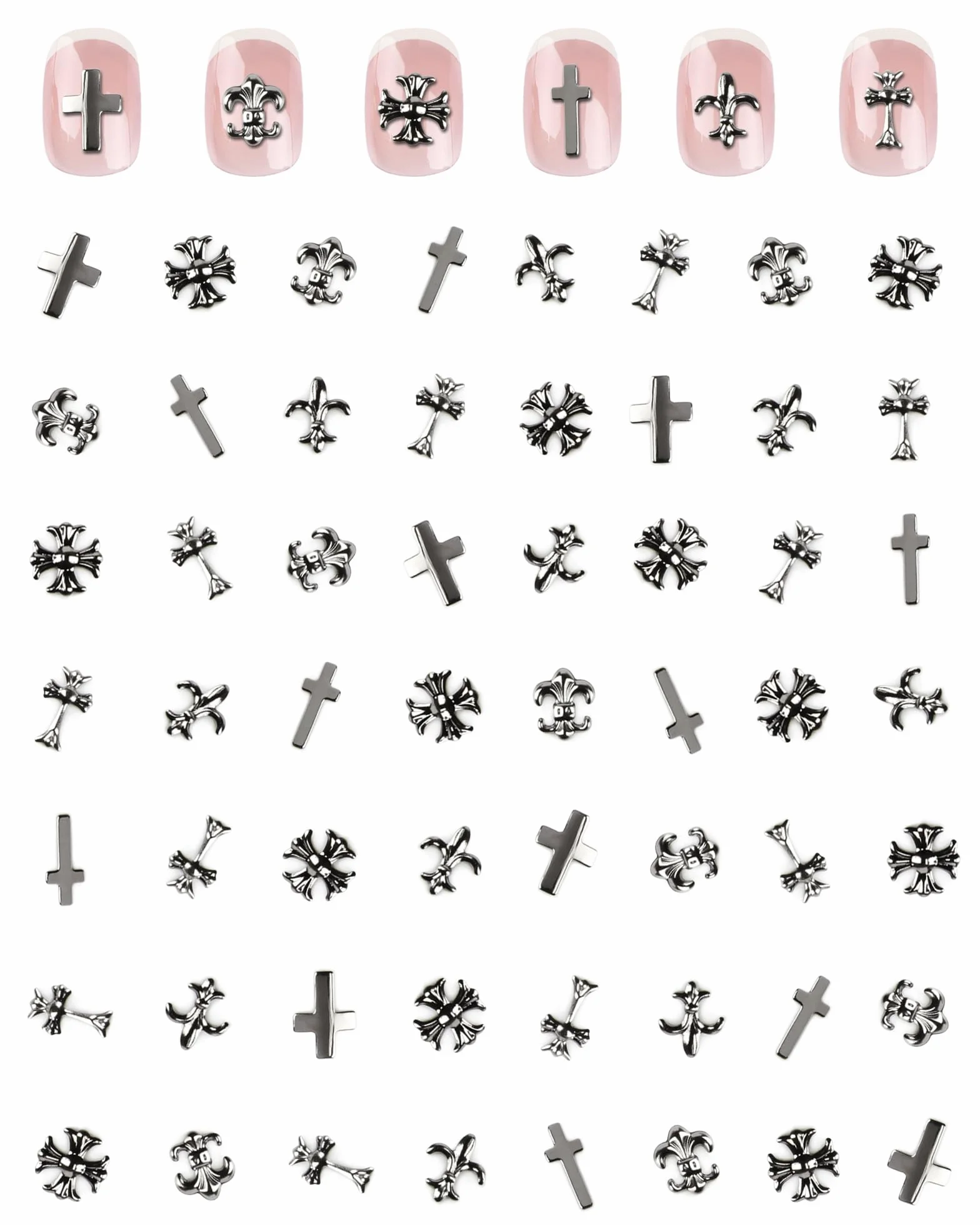 3D Naklejki do Paznokci, 300 Sztuk Dekoracje do Paznokci, Metalowe Charms do Paznokci w Stylu Punk Gotyckim Retro Srebrne, Charmy do Paznokci z Krzyżem do Nail Art DIY i Salonu