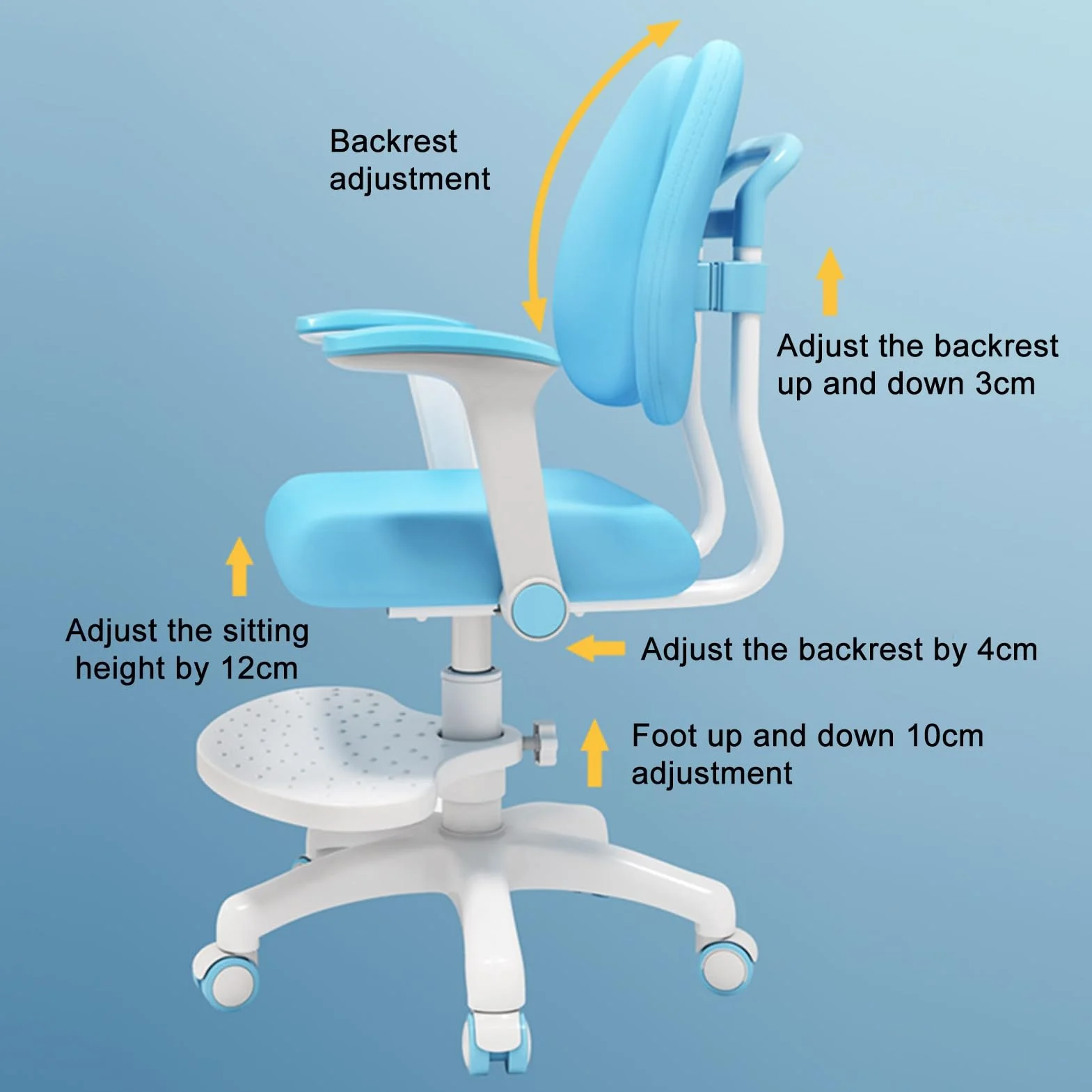 Ergonomiczne krzesło biurowe dla dzieci i młodzieży, z regulacją wysokości, podnóżkiem i regulowanymi kółkami, niebieskie