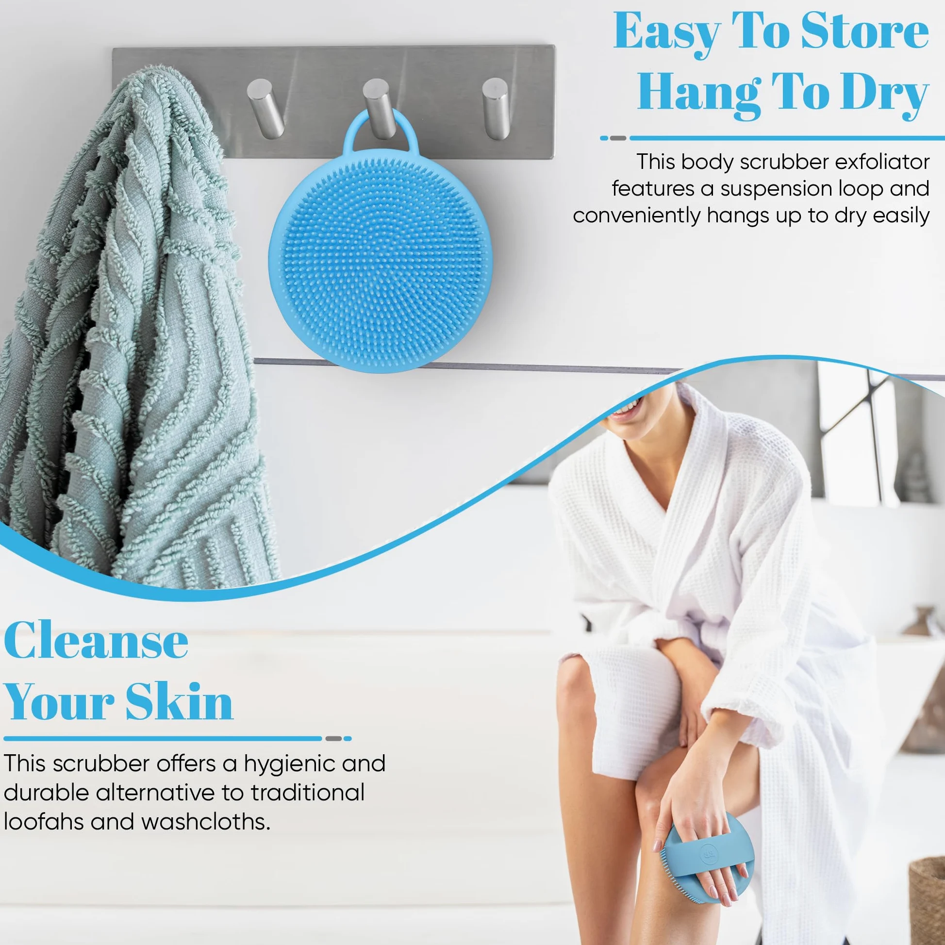 Silikonowa myjka do ciała Blessence Body – niebieska złuszczająca szczotka do ciała, luffa z uchwytem, peeling do ciała, gąbki do kąpieli pod prysznic, gąbka do ciała i szczotka pod prysznic do