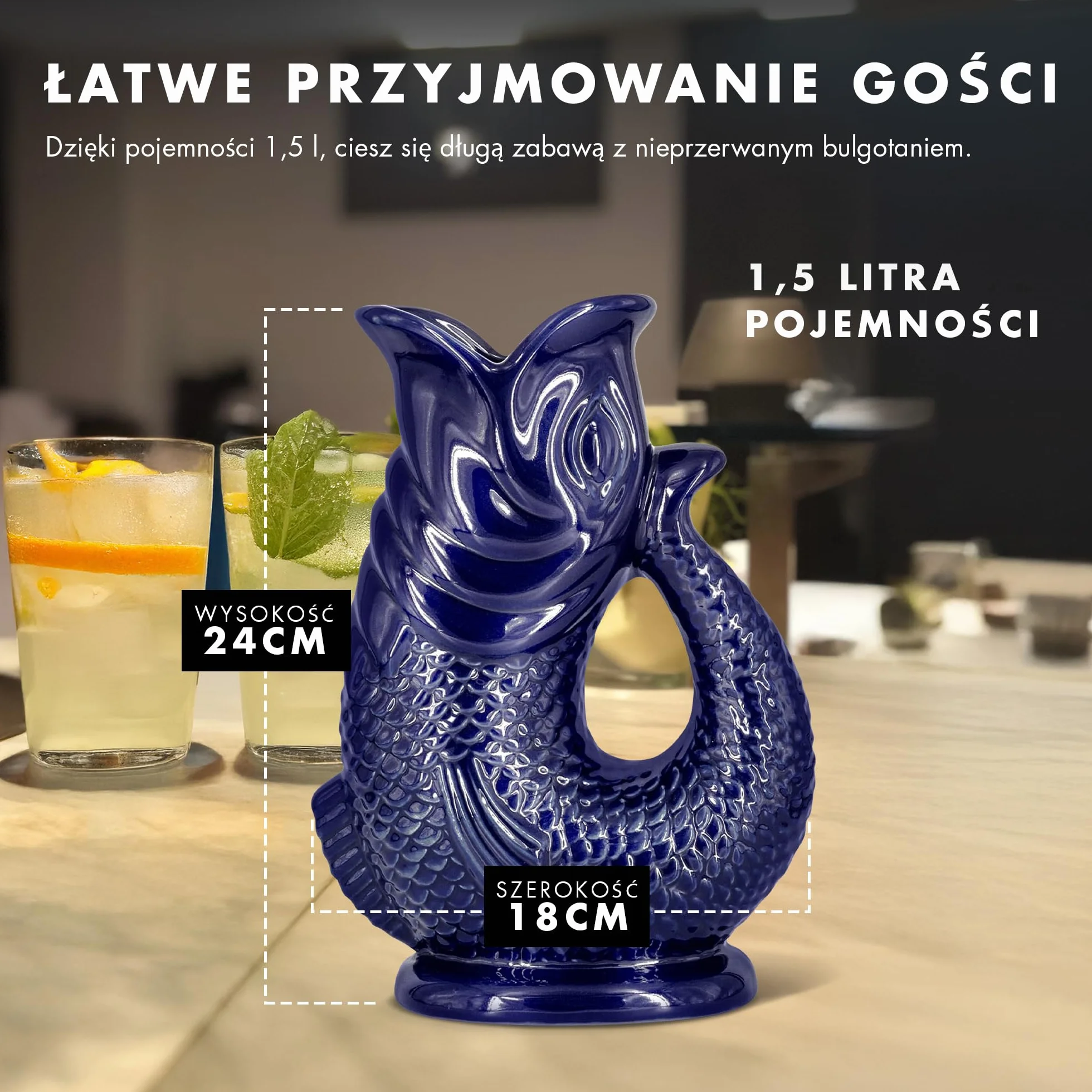 Gulgoczący dzbanek The Bubble Jug® Oceaniczna zieleń, 1,5 L – Duży, rybi ceramiczny dzbanek do serwowania koktajli, wody i ginu