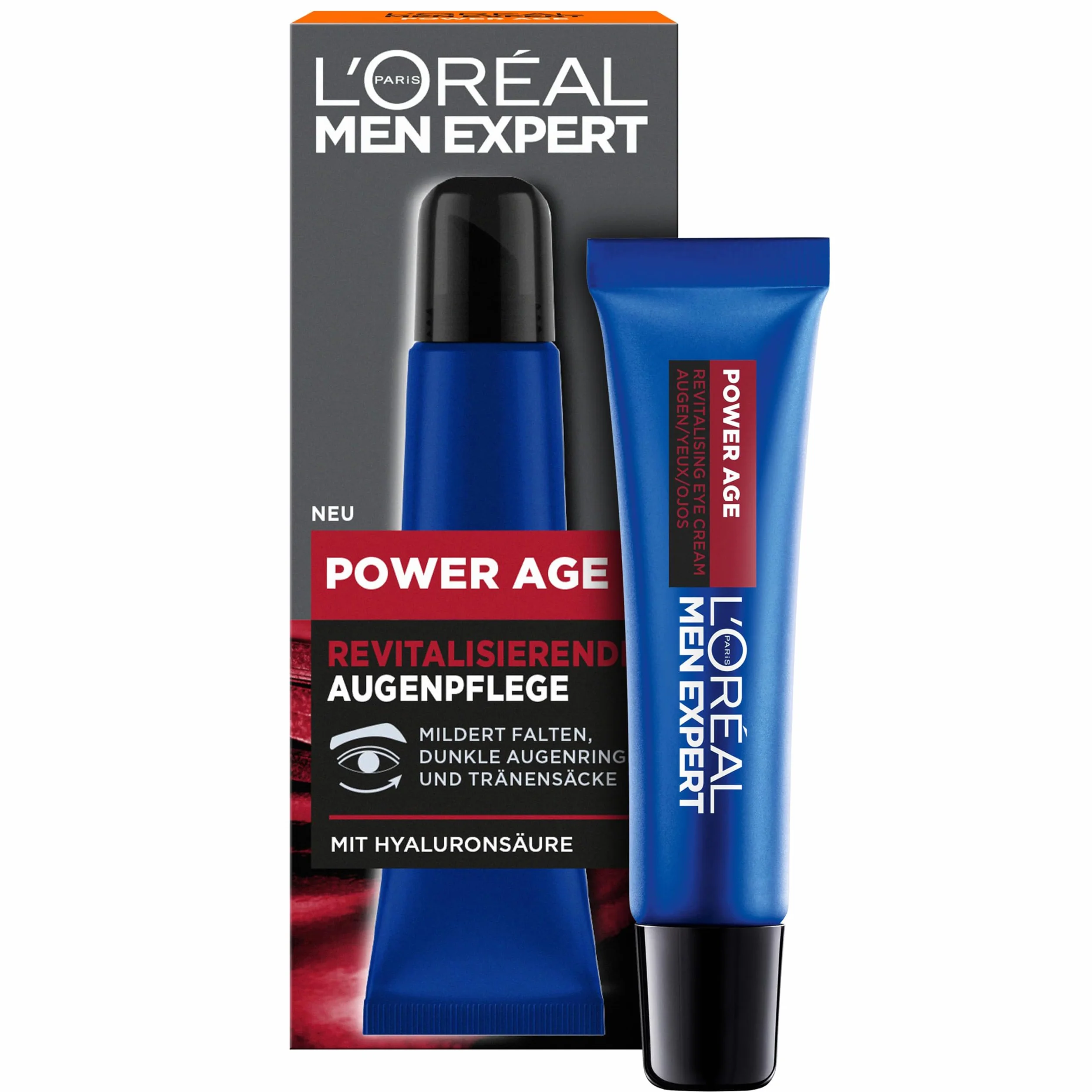 L'Oréal Men Expert Krem pod oczy przeciw zmarszczkom dla mężczyzn, przeciwstarzeniowy pielęgnacja oczu dla zmęczonej i matowej skóry, nawilżający z kwasem hialuronowym, Power Age, 1 x 15 ml