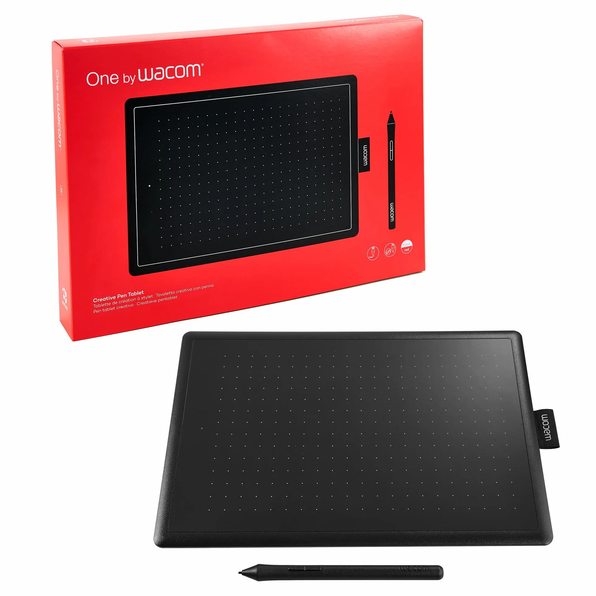 Wacom One by Wacom tablet z rysikiem wrażliwym na nacisk, Odpowiedni dla Windows, Mac i Chromebook, Medium, Czarny/Czerwony