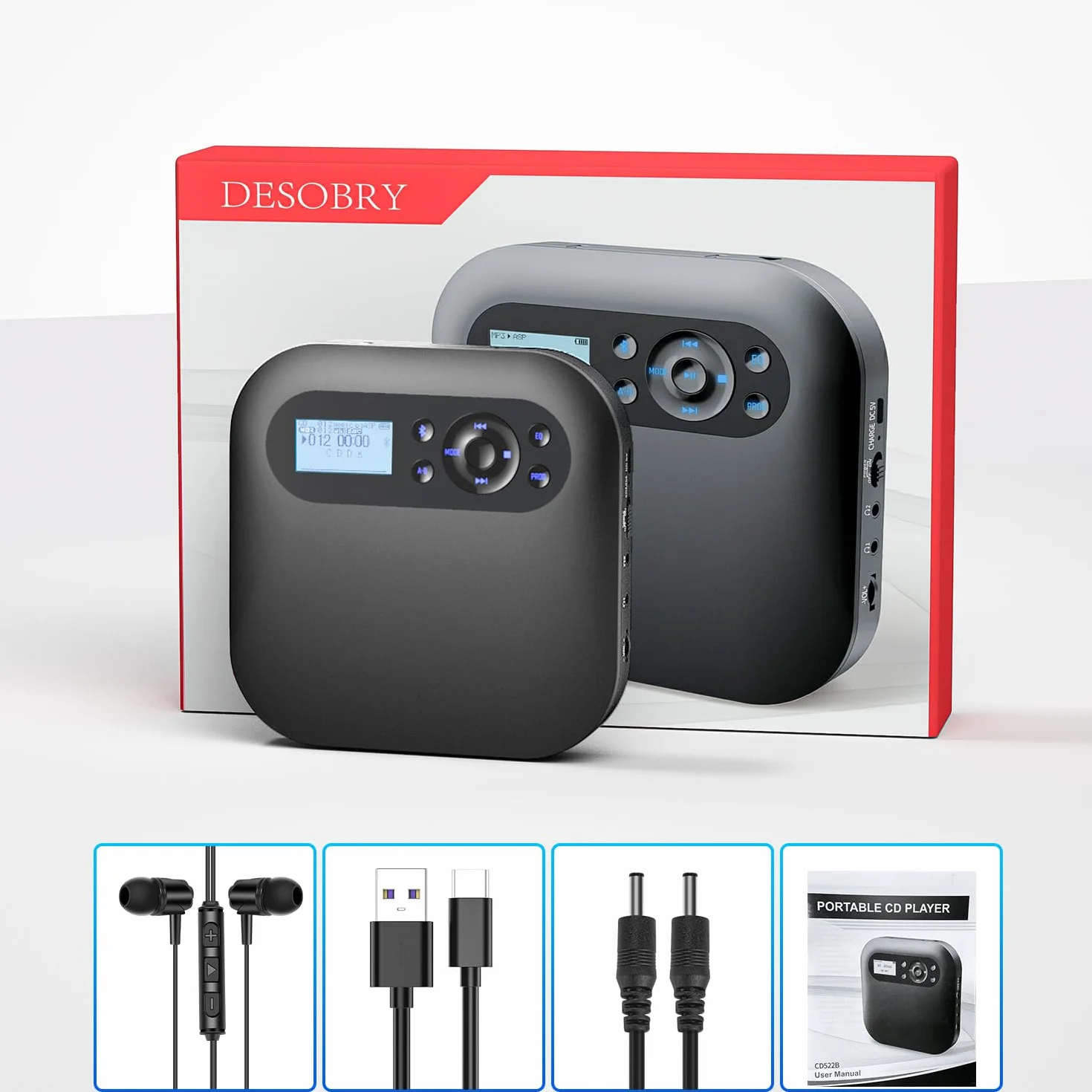 DESOBRY Przenośny odtwarzacz CD Bluetooth z głośnikami, akumulatorowy Discman do samochodu z FM, Anti-Skip, ekran LCD, odtwarzacz CD z dwoma gniazdami słuchawkowymi