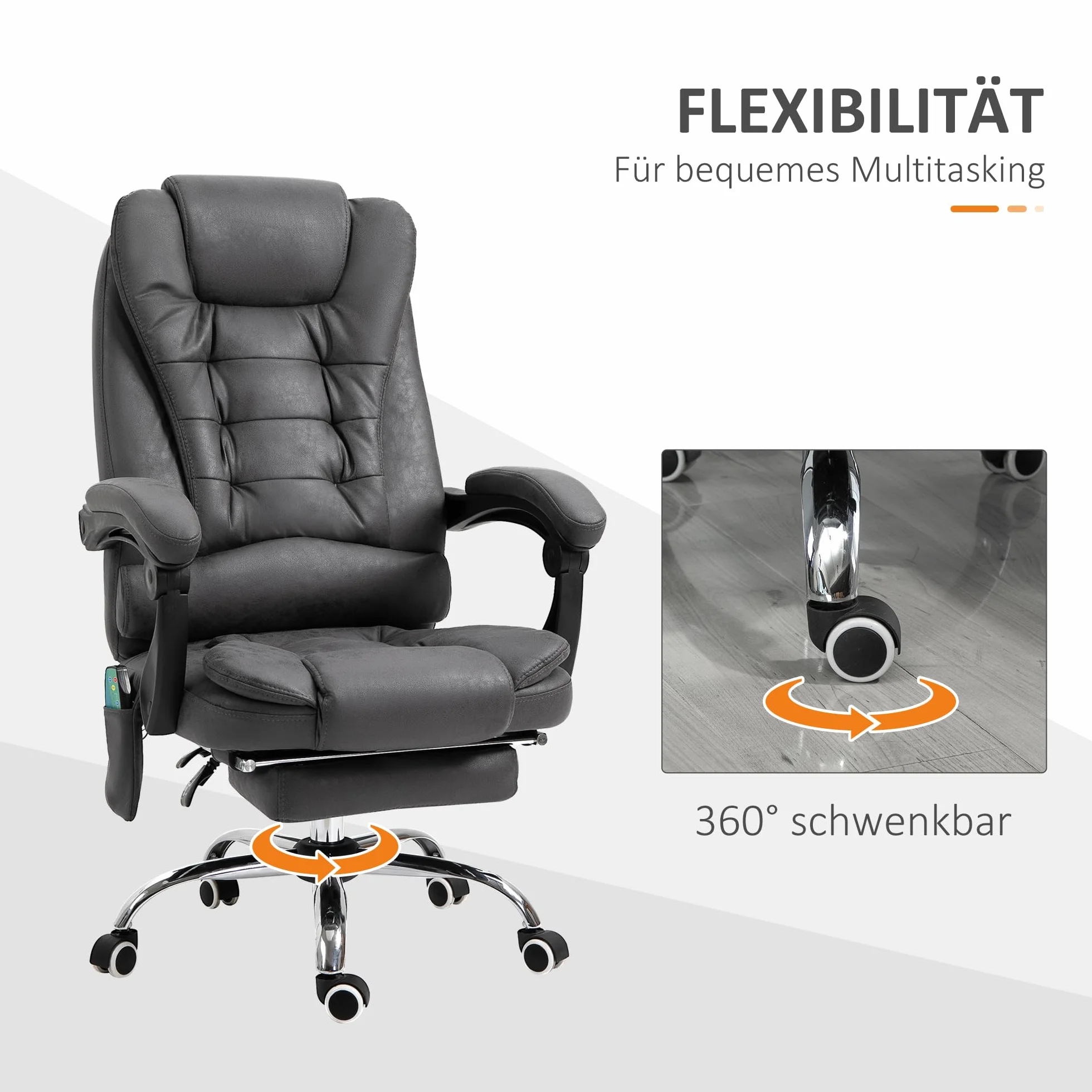 Vinsetto Ergonomiczne krzesło biurowe z masażem, ogrzewaniem, podnóżkiem, regulacja wysokości, szare