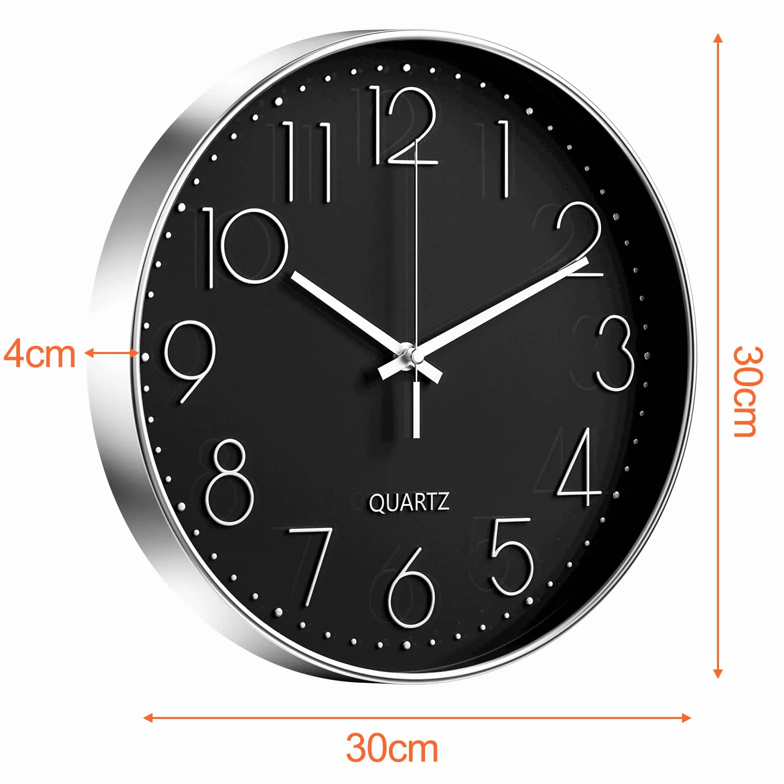 Uootach Zegar ścienny, nowoczesny 30 cm (12 cali) cichy zegar ścienny, mechanizm kwarcowy, nowoczesny minimalistyczny design czarny, do salonu, kuchni, biura, sypialni (srebrny znak)