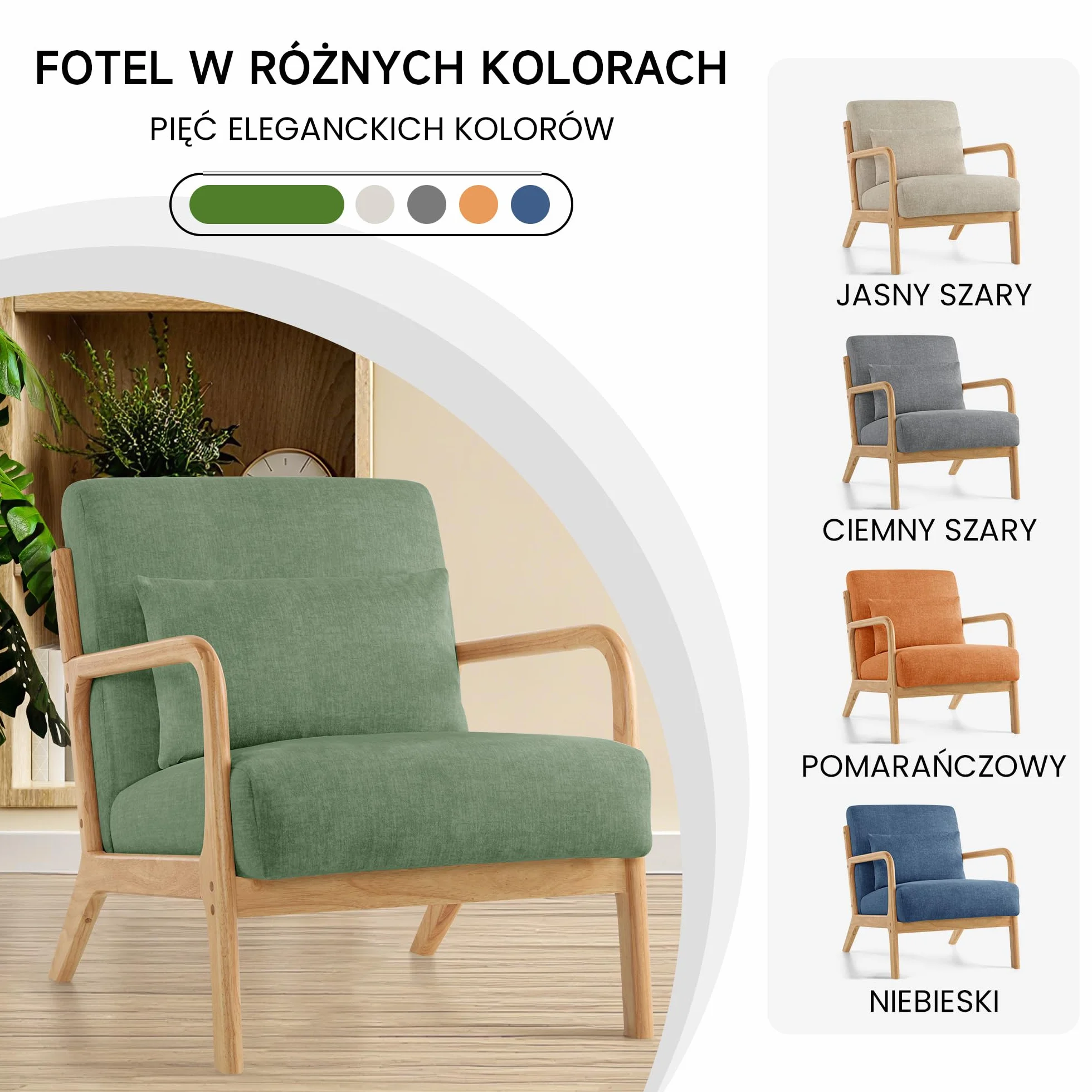 Fotel akcentujący z poduszką i podłokietnikami, drewniana rama, tapicerowany, styl połowy wieku, zielony