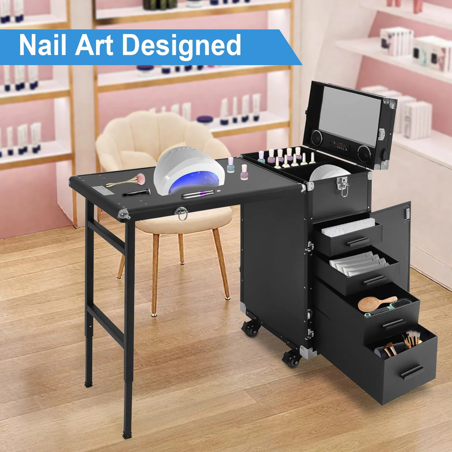Stolik do manicure, składany, mobilny, z pilotem zdalnego sterowania i walizką do makijażu, 4 szuflady, dla techników domowych, spa, salonu piękności, miejsca pracy (czarny)