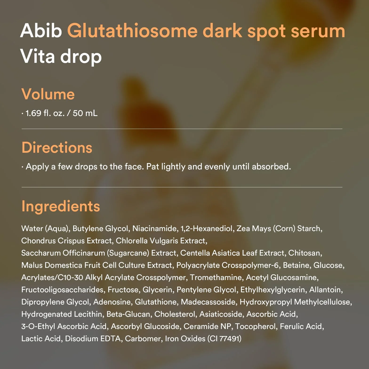 Abib Glutathiosom Dark Spot Serum Vita drop 50ml. | Koreańska skóra skóry, ciemne miejsce, leczenie przebarwień | Serum świecące dla wrażliwej skóry, niacynamid, Viatmin C