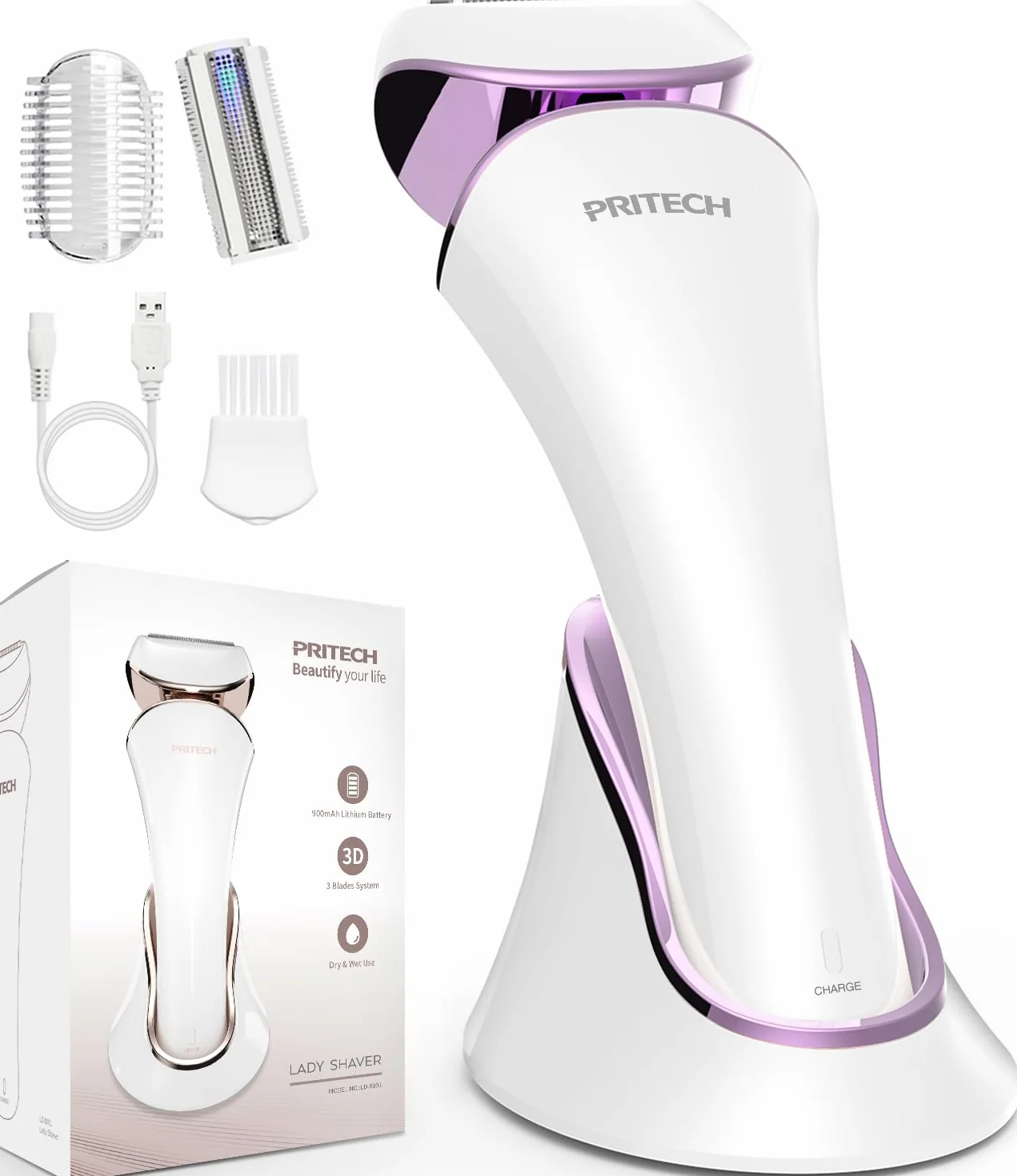 PRITECH Golarka Elektryczna dla Kobiet - Damska Maszynka do Golenia Nóg, Ramion, Pod Pachami, Bikini - Ładowana przez USB, Na Mokro i Sucho, Bezprzewodowa