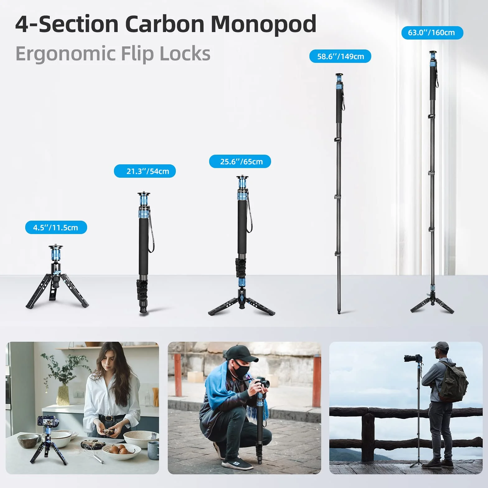 SIRUI P-424FS Monopod aparatu fotograficznego, monopod z włókna węglowego 168 cm ze zdejmowaną podstawą statywu, monopod podróżny z głowicą płynu VA-5 do lustrzanki cyfrowej, kamery wideo, maksymalne