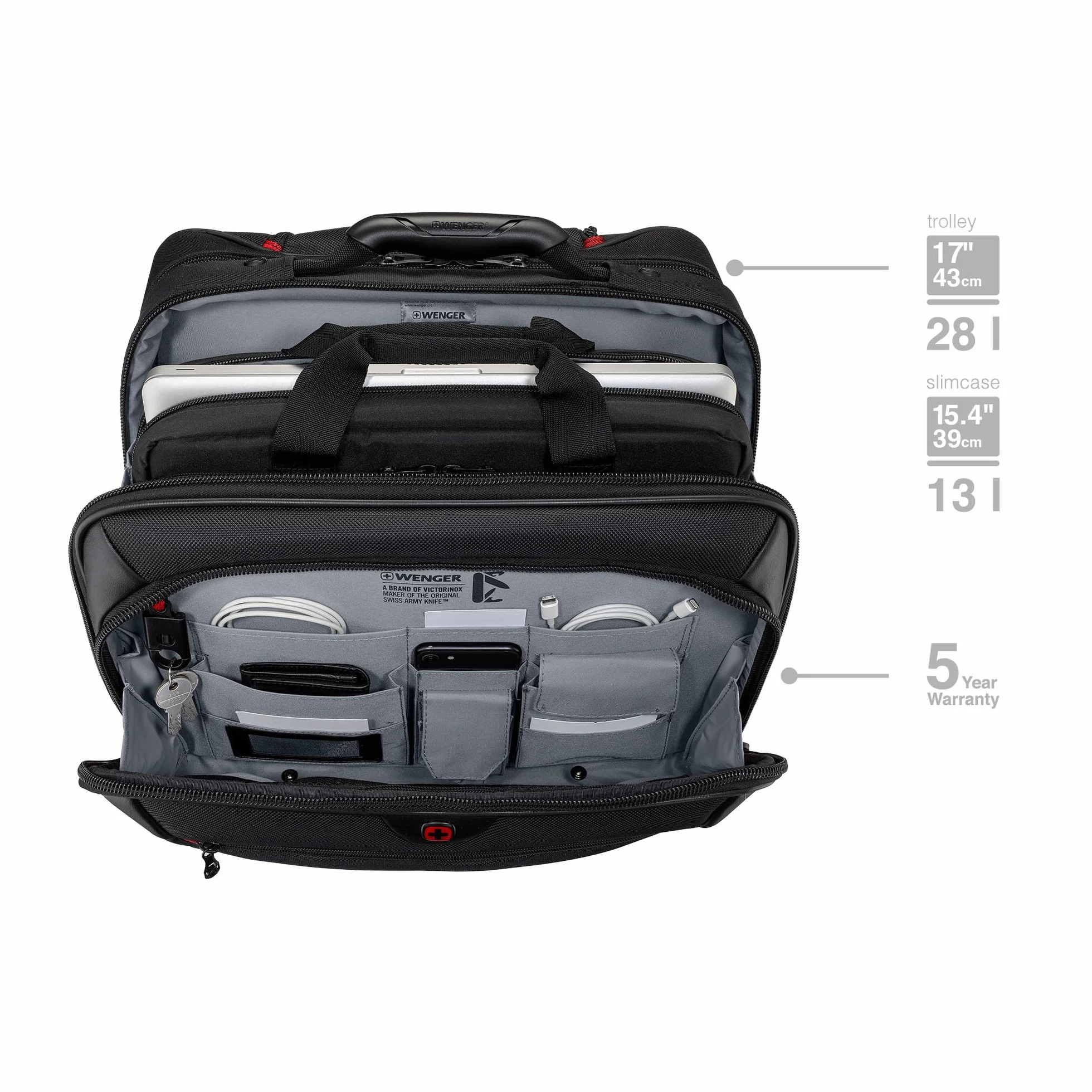 Wenger 600661 POTOMAC 17 Inch 2-Piece Business Wheeled Laptop Briefcase, Padded laptop compartment with Matching 15.4 Inch Laptop Case in Black (23 Litre),Black,42 cm