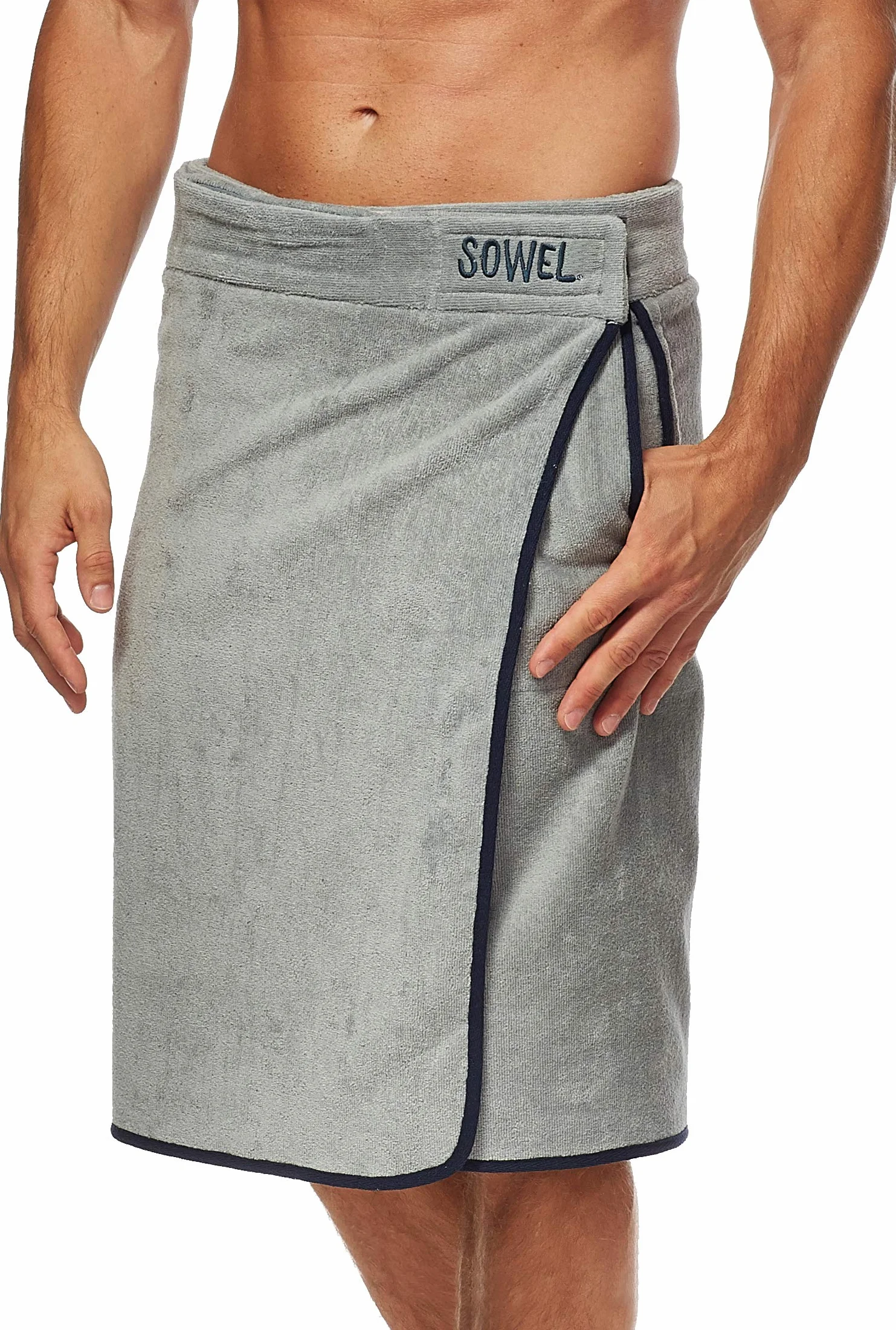 Sowel® męski kilt do sauny, 100% bawełna ekologiczna, ręcznik do sauny z zapięciem na rzepy, ręcznik do sauny, 60 x 140 cm, szary/granatowy