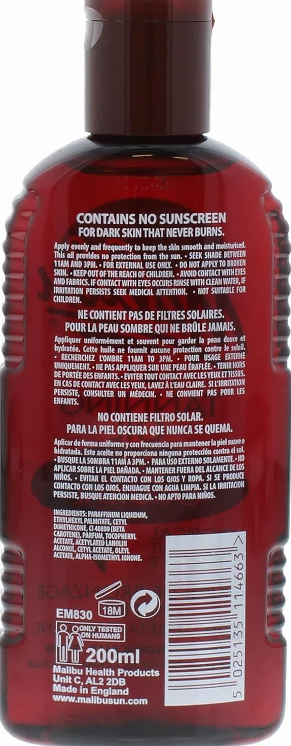 Malibu Sun olejek do opalania wodoodporny z beta-karotenem i zapachem kokosowym 200 ml