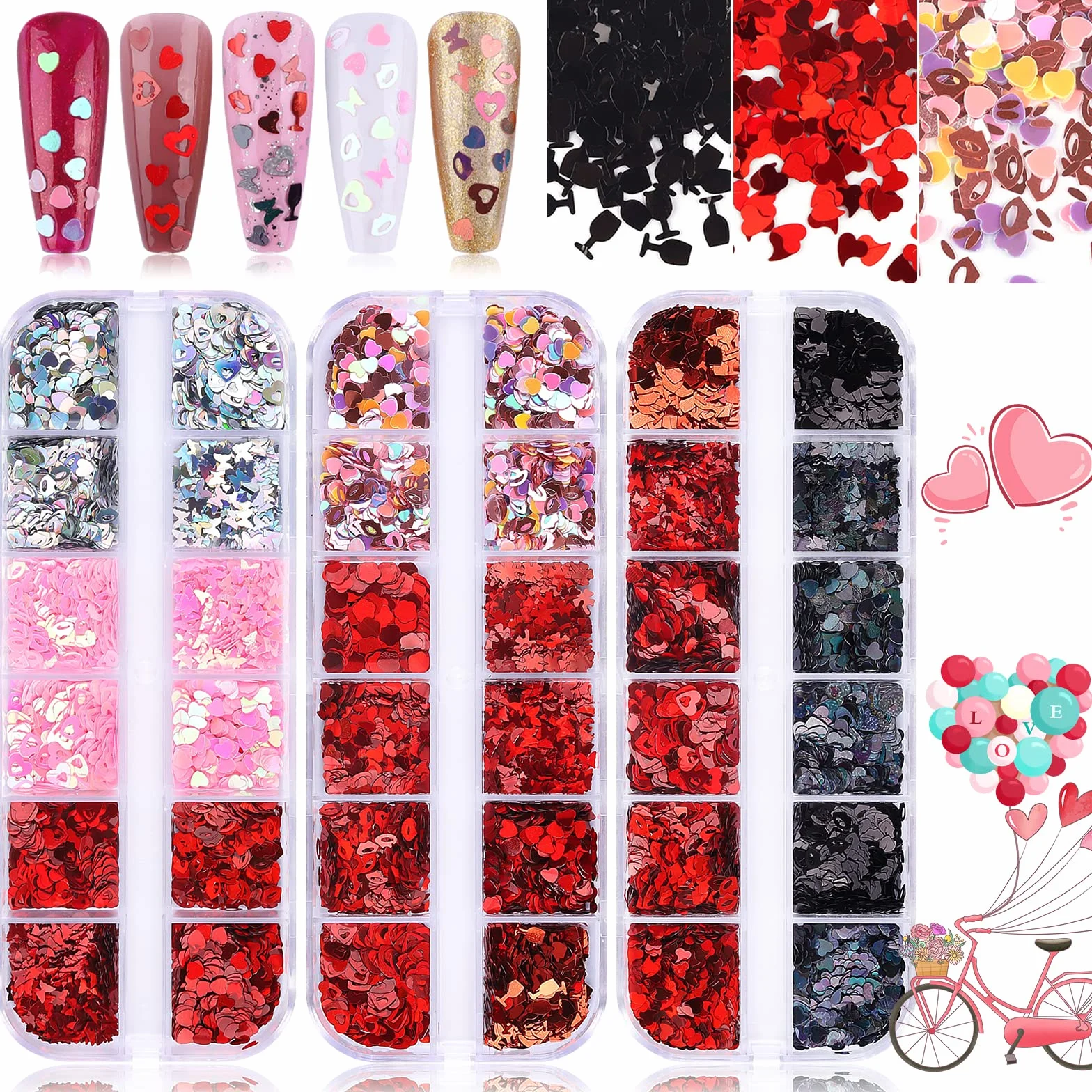 Kalolary 3 x cekiny do zdobienia paznokci walentynkowe, cekiny w kształcie serca, cekiny do paznokci, w kształcie wargi, kwiatowe, holograficzne cekiny do manicure, twarzy, ciała, dekoracji, E