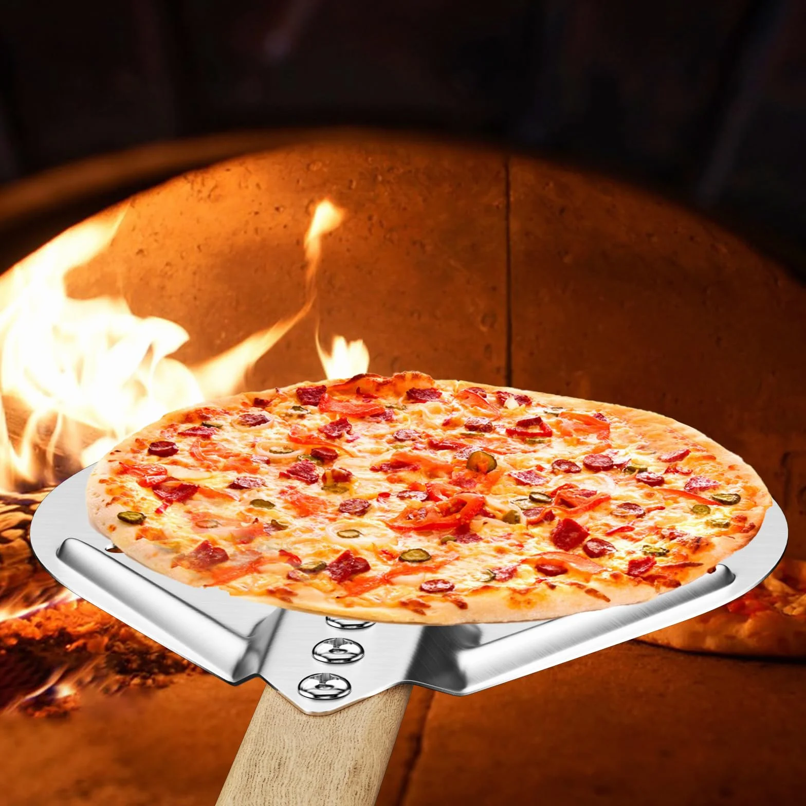 Magrimaxio Łopatka do pizzy perforowana, perforowana łopatka do pizzy, okrągła, z uchwytem zapobiegającym oparzeniom, łopatka do pizzy z twardego anodowanego aluminium, do domowej pizzy, chleba, ciast