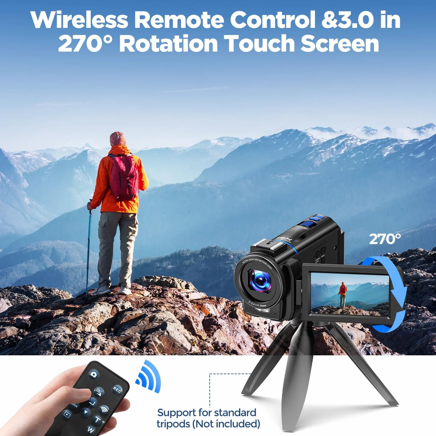 Kamera wideo 4K 48MP do vlogowania na YouTube, noktowizor ekran dotykowy 3" 270° obrotowy 16-krotny zoom cyfrowy camcorder video camera, kamera do vlogowania z kartą 32 GB, pilot, bateria, zdalnego