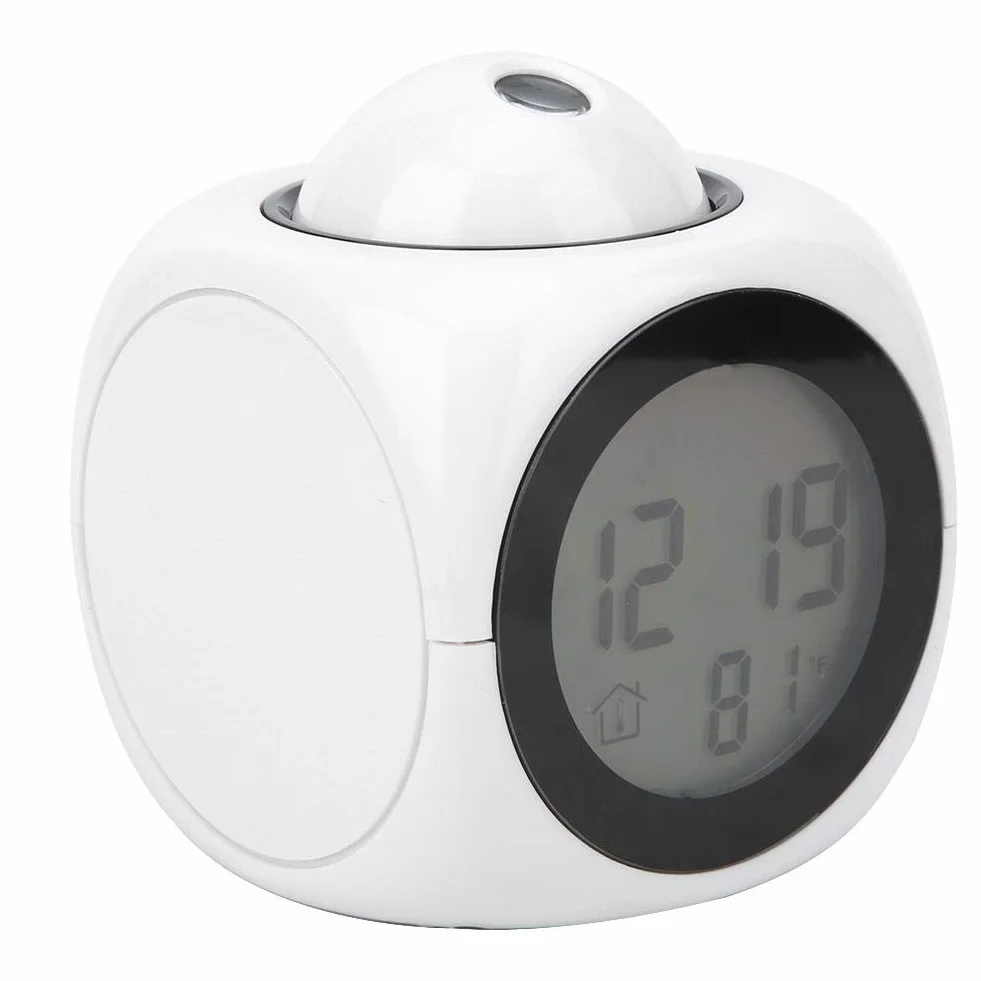 Ymiko Nowoczesny budzik z projektorem cyfrowym LED, mini wielofunkcyjny wyświetlacz temperatury, zegar projekcyjny mówiący głosowo, 12/24 godziny, przełączany wystrój domu (biały USB)