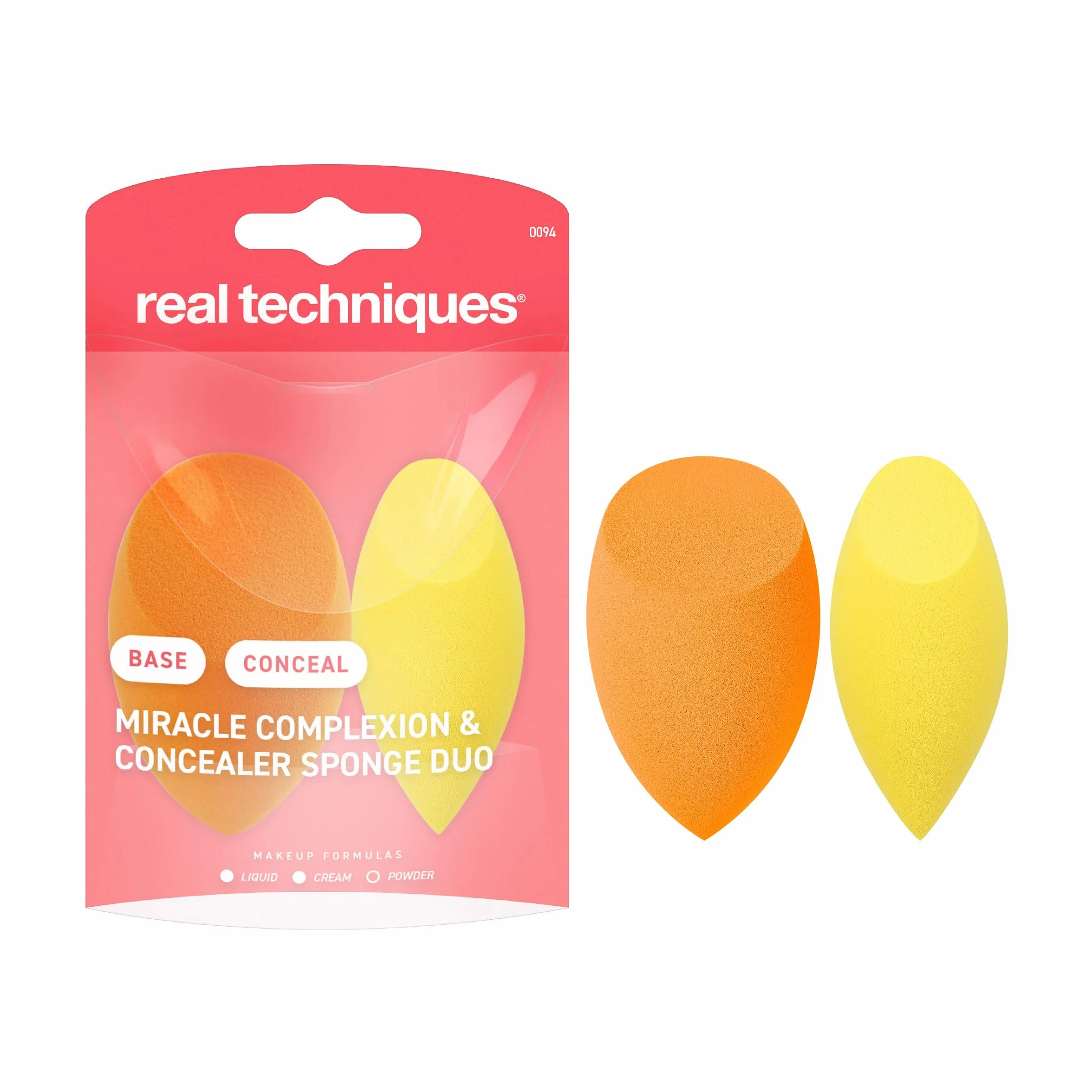Real Techniques Cudowna gąbka do cery + korektor Duo, gąbki do makijażu do podkładu i korektora, zapewniają lekkie do średniego krycia, naturalny, zroszony makijaż, pianka bez lateksu, 2 szt