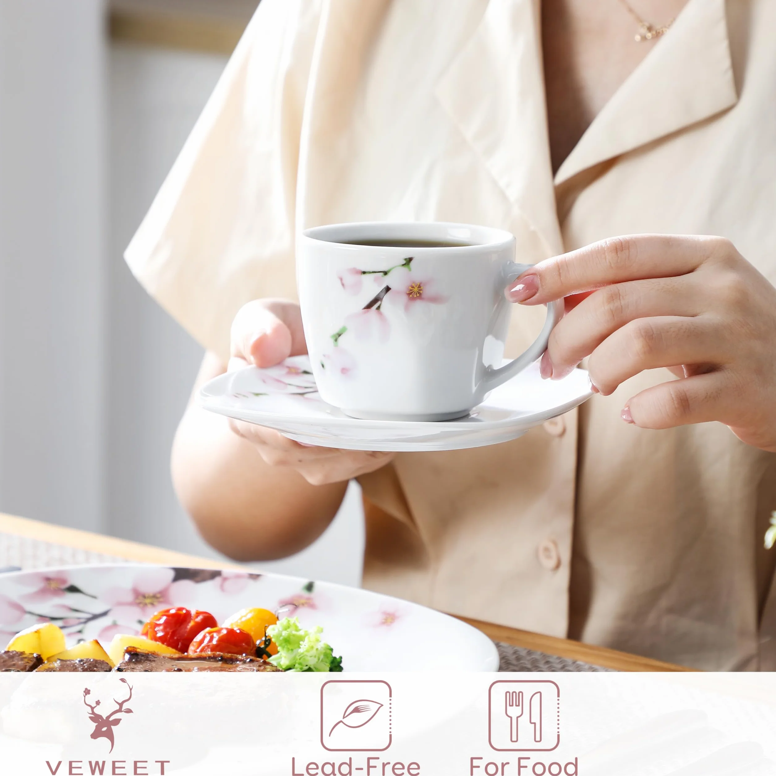 VEWEET Annie 60-częściowy zestaw obiadowy porcelanowy w kolorze kości słoniowej z różowymi kwiatami, talerze kubki spodki dla 12 osób