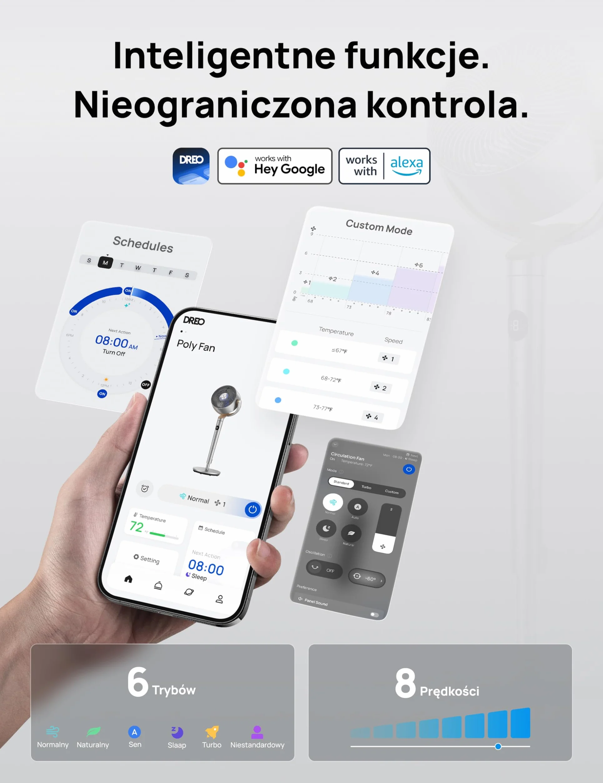 Dreo 23dB inteligentne cichy wentylator stojący, zasięg wiatru 24M, objętość powietrza 1200m³/h, turbo cyrkulator, wysokość 102CM, oscylujący wentylator 120°+120°, 6 trybów, 8 prędkości, PolyFan 502S