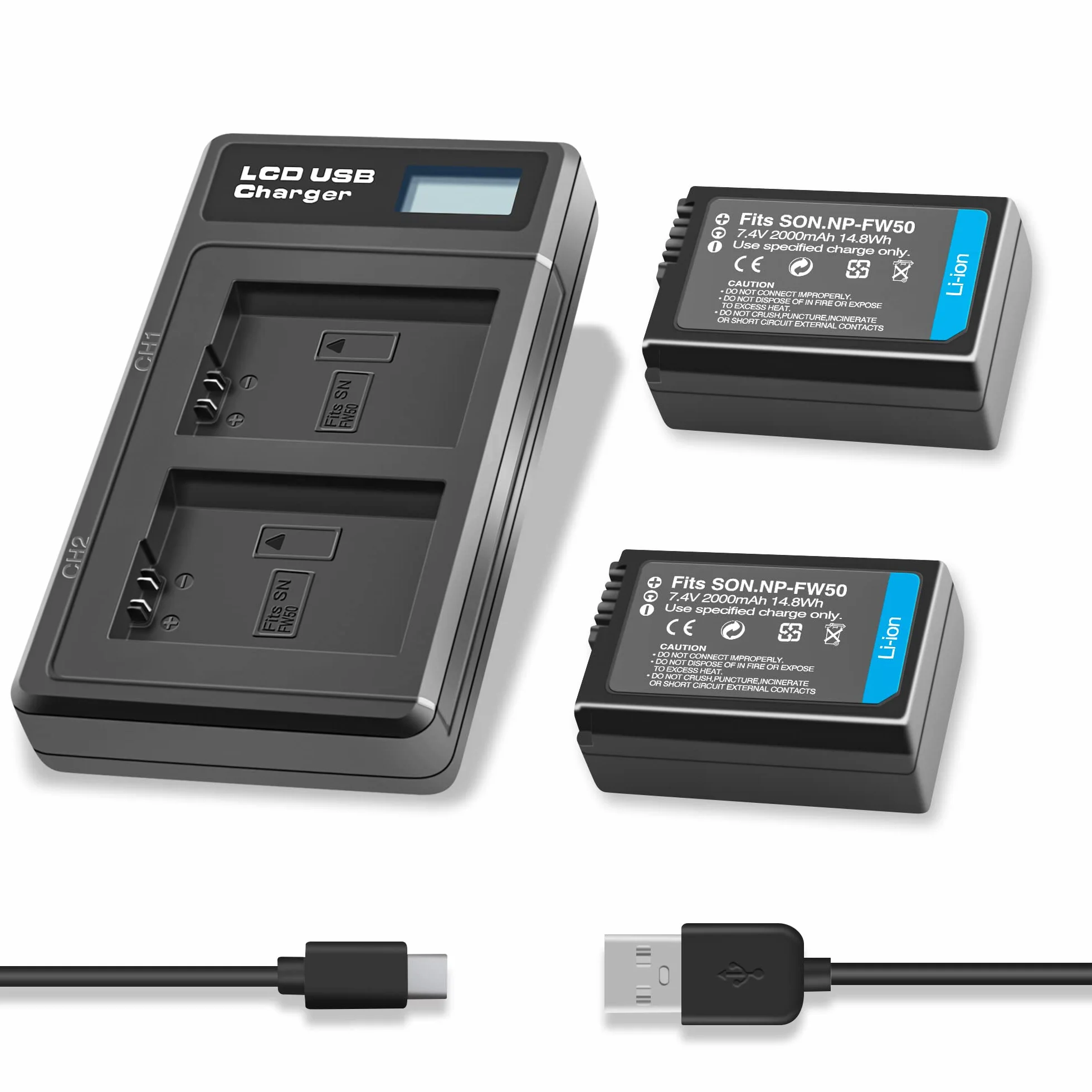 Wymienna bateria NP-FW50 2000 mAh z podwójnym wyświetlaczem LED do aparatów Sony Alpha A6500, A6400, A6300, A6000, A7, A7II, A7R, A7RII, A7S, A7SII, A7S2 NEX-3/5/7 Series