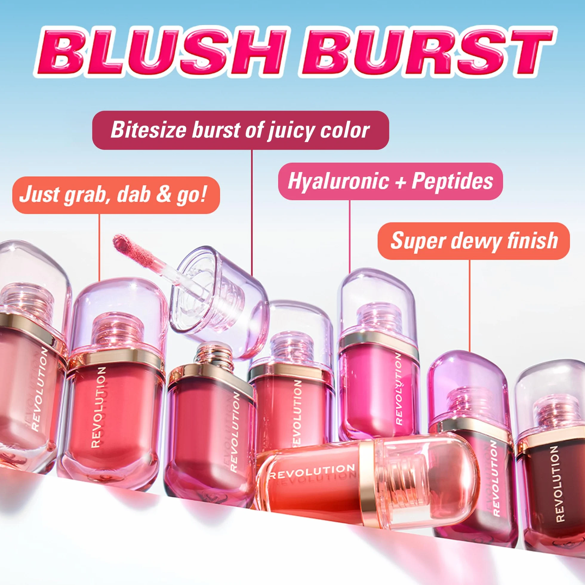 Revolution Superdewy Liquid Blush Burst – płynny róż do policzków z peptydami i kwasem hialuronowym, wegański, Rose All Day Dusty Pink 4,2 ml