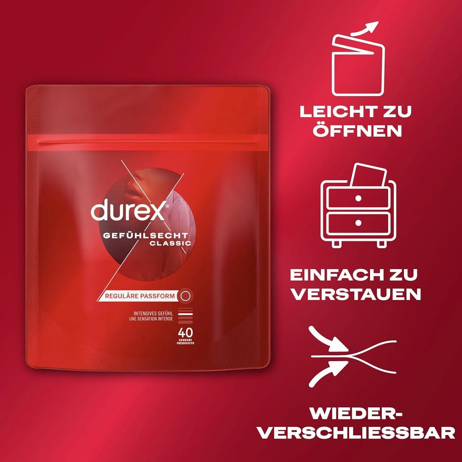 Durex Emocjonalnie klasyczne prezerwatywy – cienkie prezerwatywy z anatomicznym kształtem Easy On i nawilżone silikonowym żelem ślizgowym – opakowanie 40 sztuk (1 x 40 sztuk)