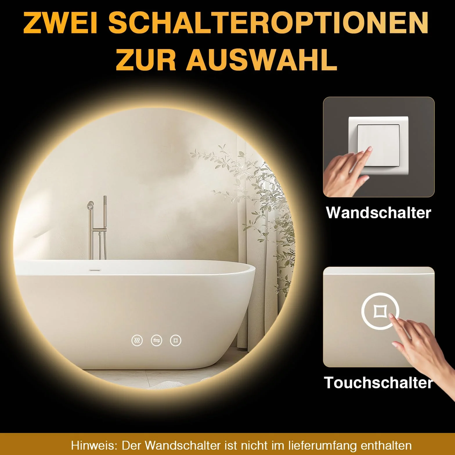 Okrągłe lustro łazienkowe z oświetleniem, 60 cm LED, lustro do łazienki z światłem, antymgławienne, 3 kolory światła, możliwość przyciemnienia, włącznik dotykowy, funkcja pamięci, okrągłe