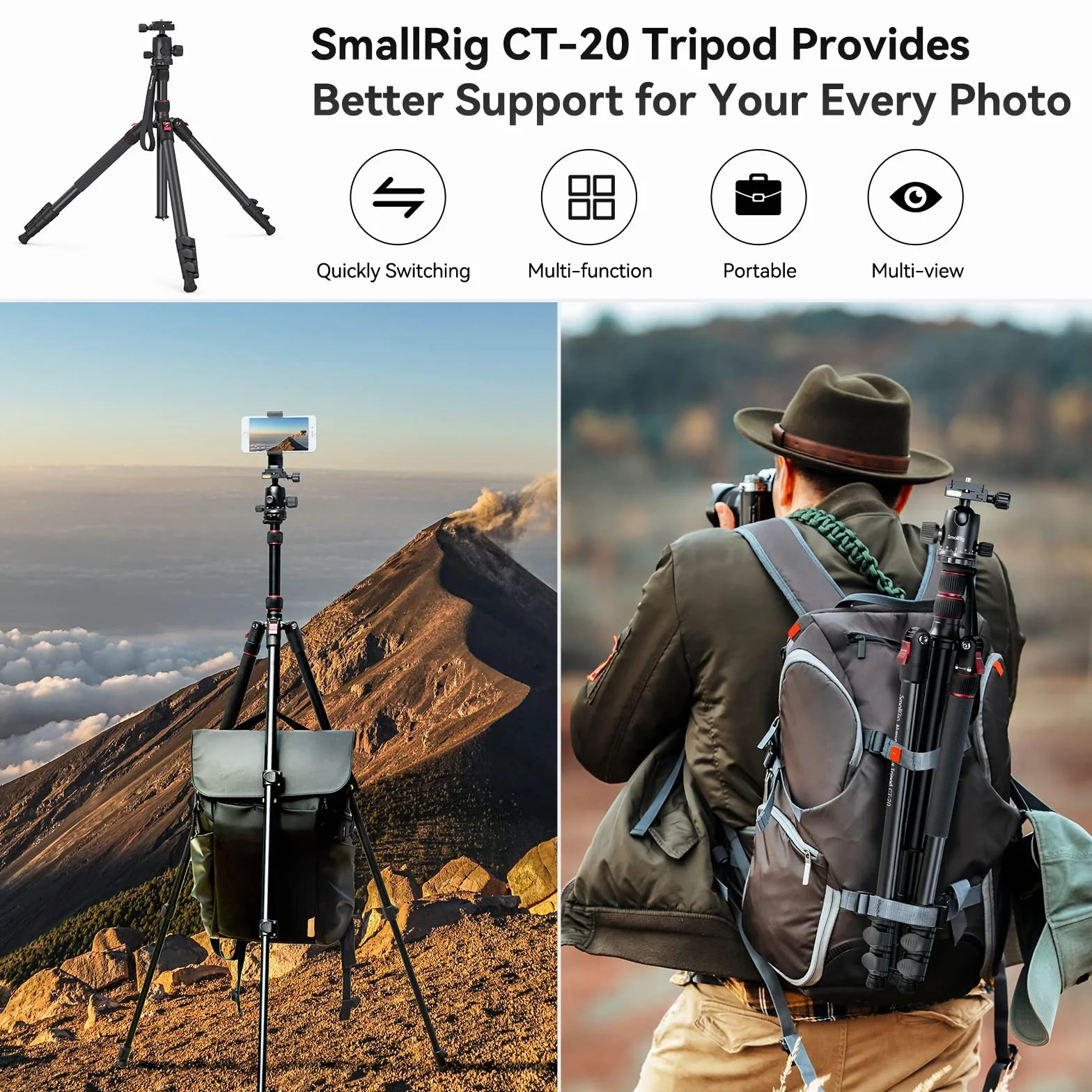 SMALLRIG Statyw do Aparatu 78", Monopod z Głowicą Kulową 360 mm 360, Profesjonalny Statyw z Torbą Transportową do Podróży i Pracy - 3474