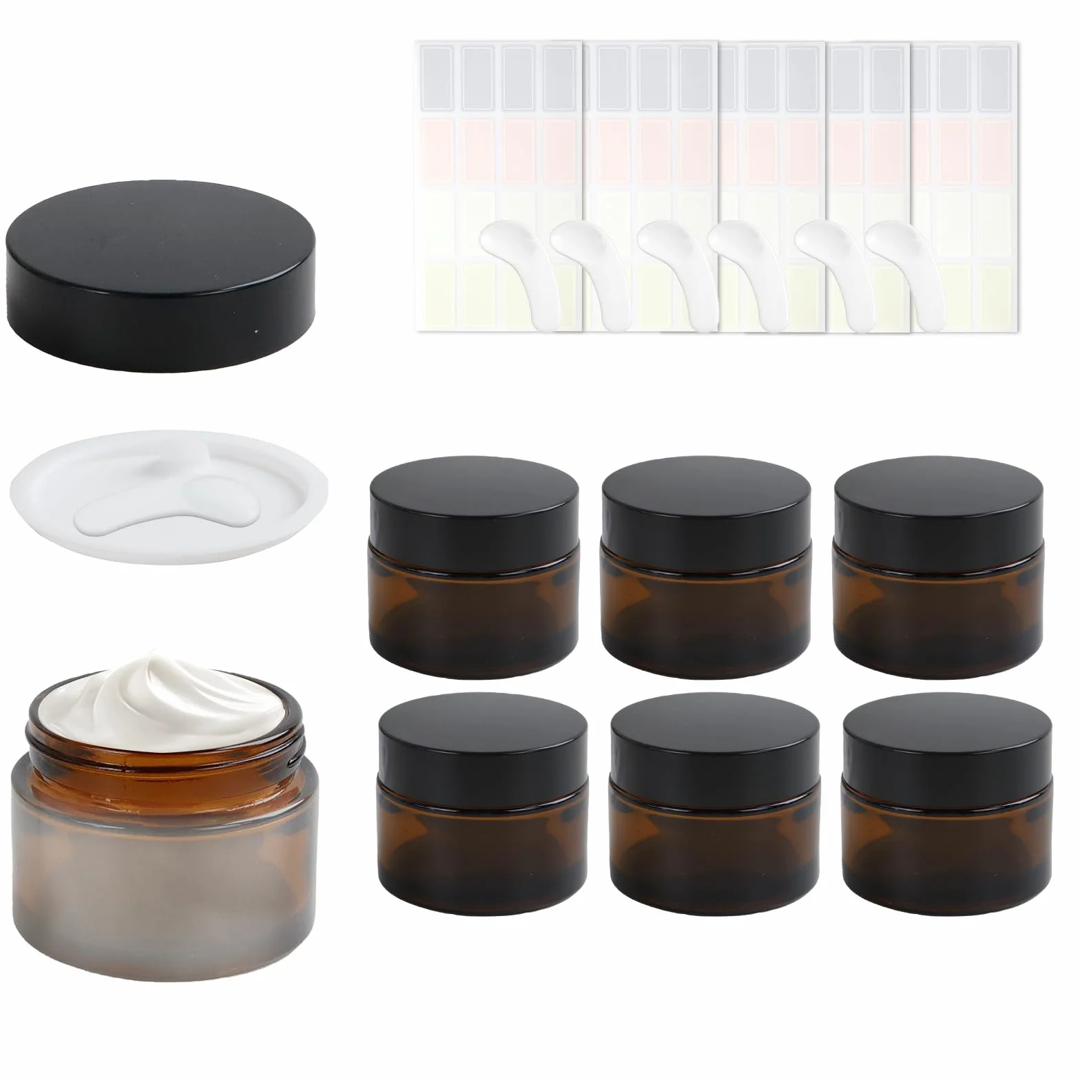 6 sztuk bursztynu pustych szklanych słoiczków 50 ml, brązowe szkło, słoiki na krem, do napełniania szpatułką i naklejką, ochrona przed promieniowaniem UV, do kosmetyków, kryształowych podróży