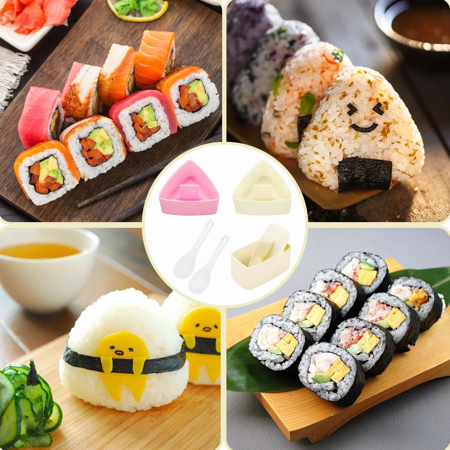 Zestaw foremek do sushi Onigiri, nieprzywierające, trójkątne i kwadratowe, do kulek ryżowych