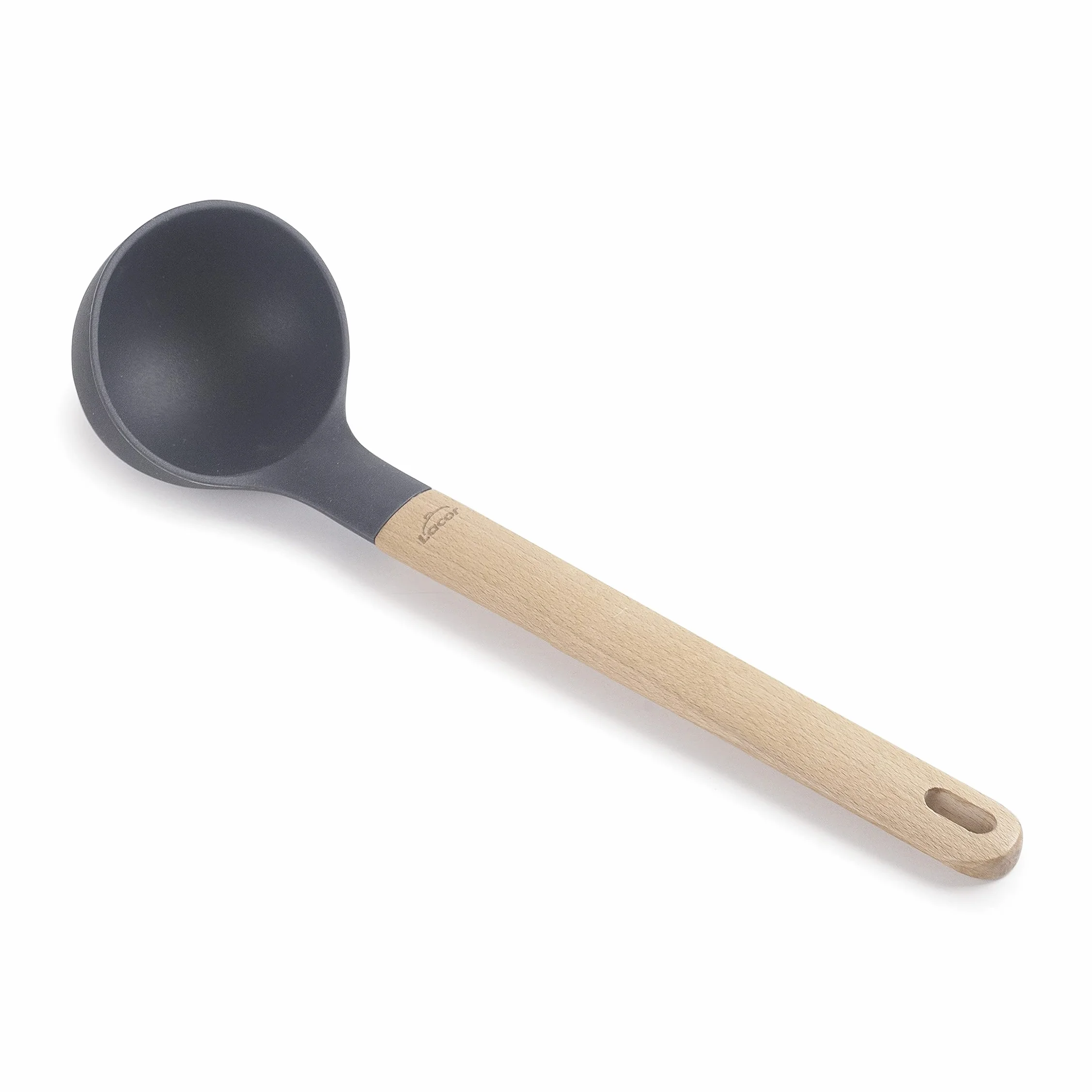 LACOR 68187 - Silikon Unite, Chochla do serwowania, rączka z drewna bukowego, nie szkodzi patelni, odporny na wysokie temperatury, wolny od BPA, Długość: 32,5 cm, Ø9 cm, 130 ml, szary